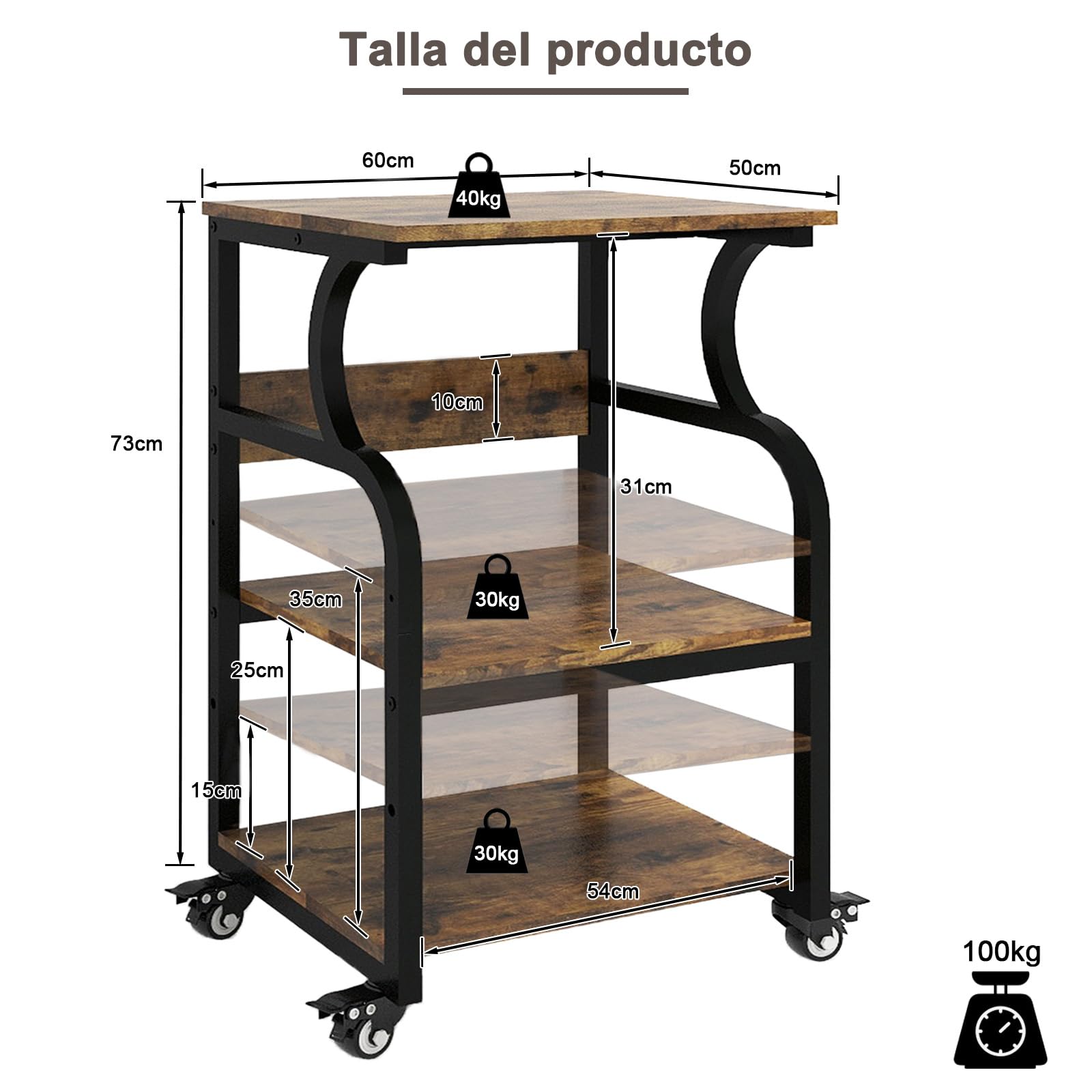 PUNCIA Mesa para Impresora 60 x 50 cm Ajustable en Altura Soporte para Impresión de 3 Niveles con Ruedas Móvil de Madera y Metal Carrito Estante de Almacenaje para Oficina Escuela Estudio Retro