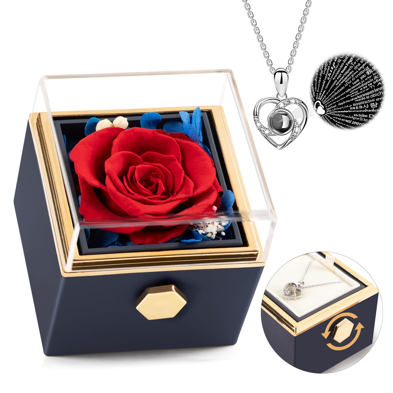 HIAGROW Preserved Real Red Forever Rose Rotating Box with I Love You Necklace 100 Languages,Eternal Flower for Delivery Prime Valentines Day Gifts for