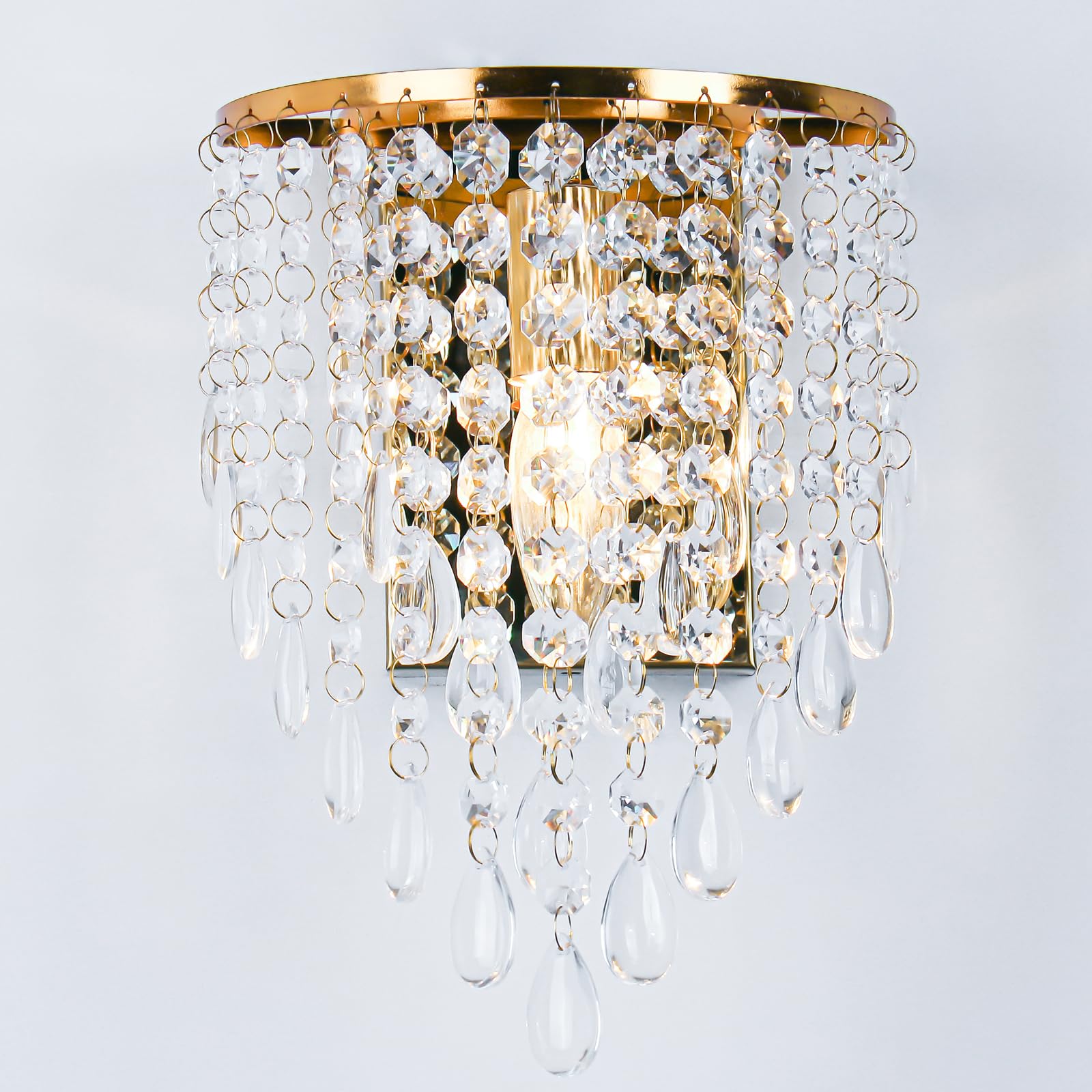 FRIXCHUR Modern Crystal Wall Light in Drop Shape Gold Finish Elegant LED Wall Light for Bedroom, Living Room, Dining Room, Hallway and Staircase