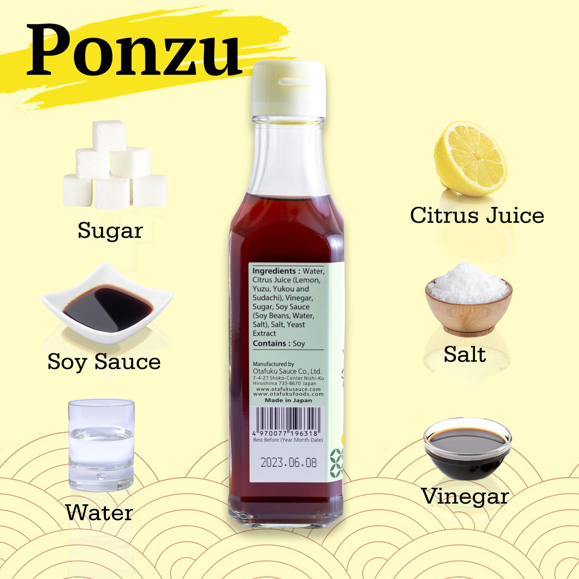 Salsa de condimento Otafuku Ponzu, salsa de soja refinada con jugo de cítricos, ideal para sazonar y mojar, vegana, sin gluten (1 x 195 ml)