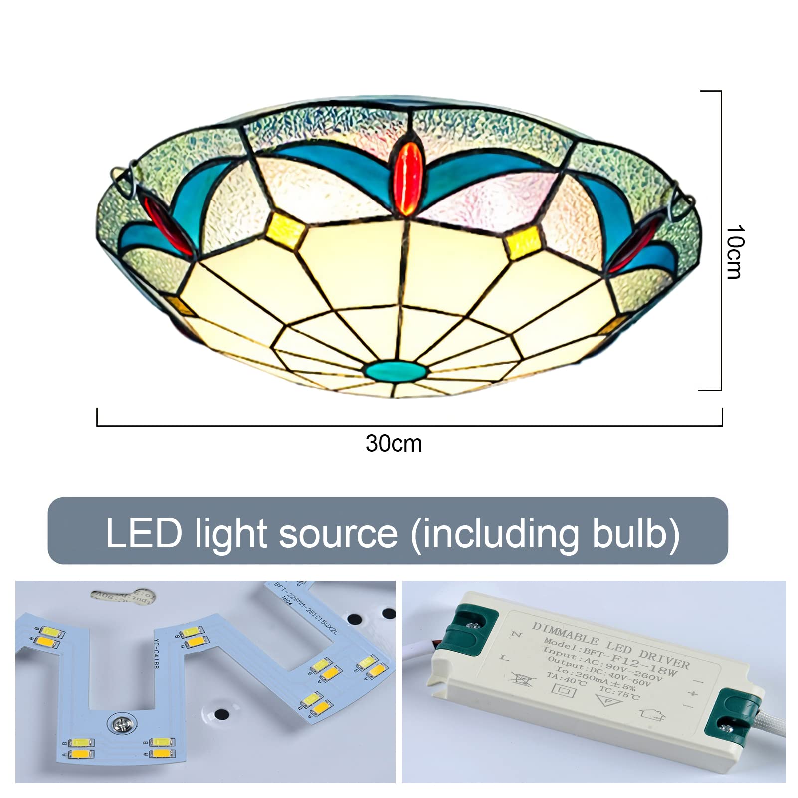 Lampa sufitowa w stylu witrażowym, vintage lampa LED, żyrandol do sypialni, salonu, kuchni, korytarza, łazienki, biała, 6000 K, 30 cm (biała 30 cm)