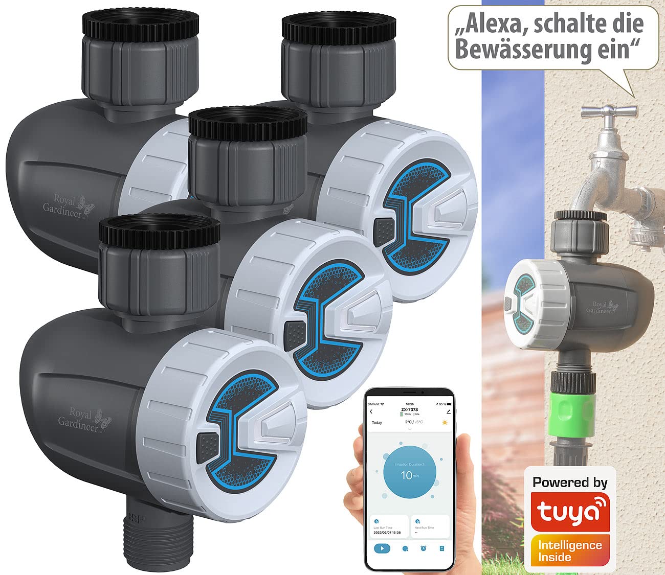 Royal Gardineer Wasser-Ventil, Bluetooth: 4er-Set smarte programmierbare Bewässerungscomputer mit BT & App (Bewässerungscomputer App Steuerung, Gartenbewässerung, Home)