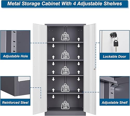 Miniatura 9 de Armario de almacenamiento de metal para garaje, gabinete de 71 pulgadas de alto con estantes ajustables y puertas de bloqueo, armarios de