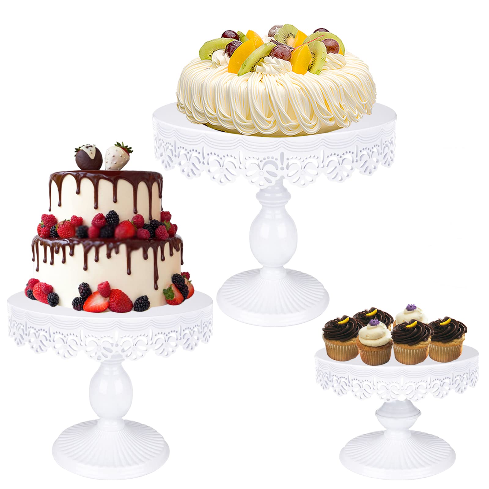 Hedume 3-Set Round Cake Stand, White Metal Cake Stands with Pendants and Beads , Dessert Cupcake Pastry Candy Display for Wedding, Event, Birthday Party