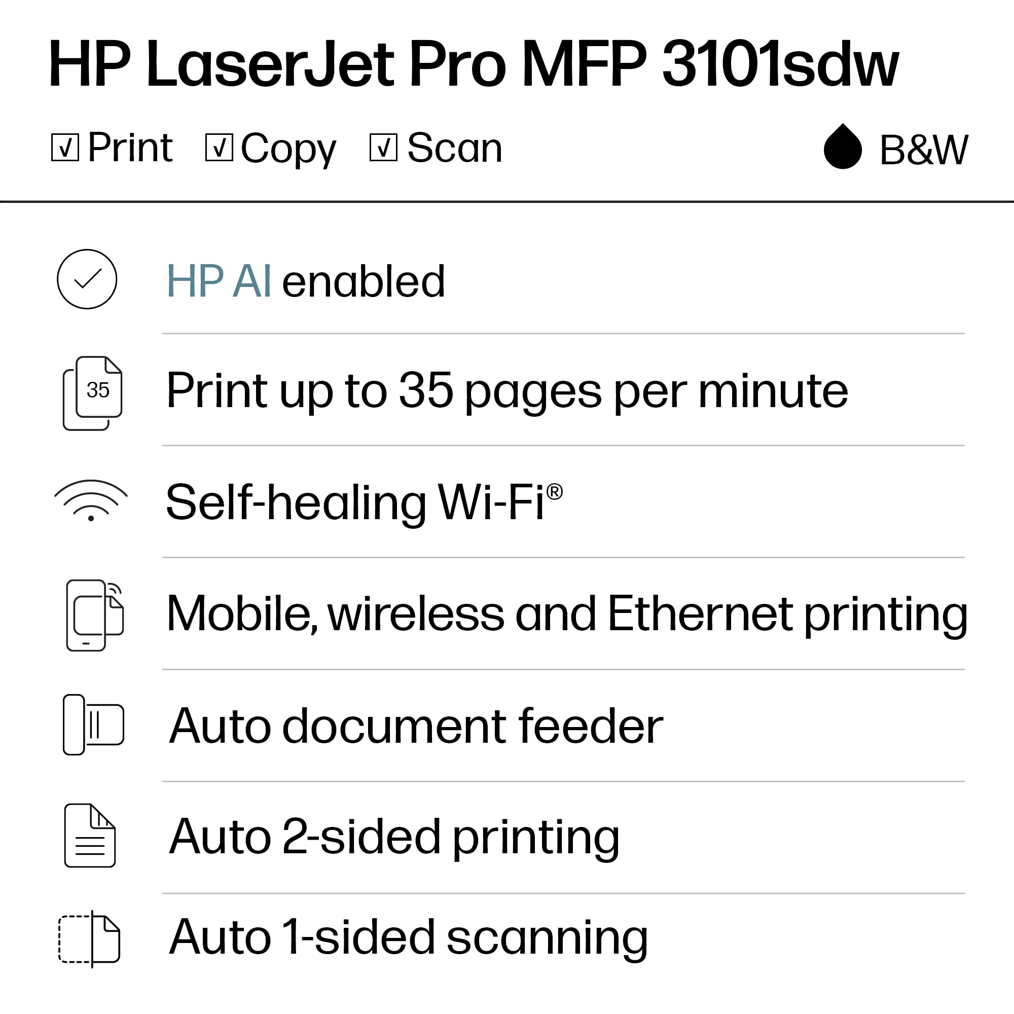 HP Laserjet Pro MFP 3101sdw Black & White Printer, Print, Scan & Copy