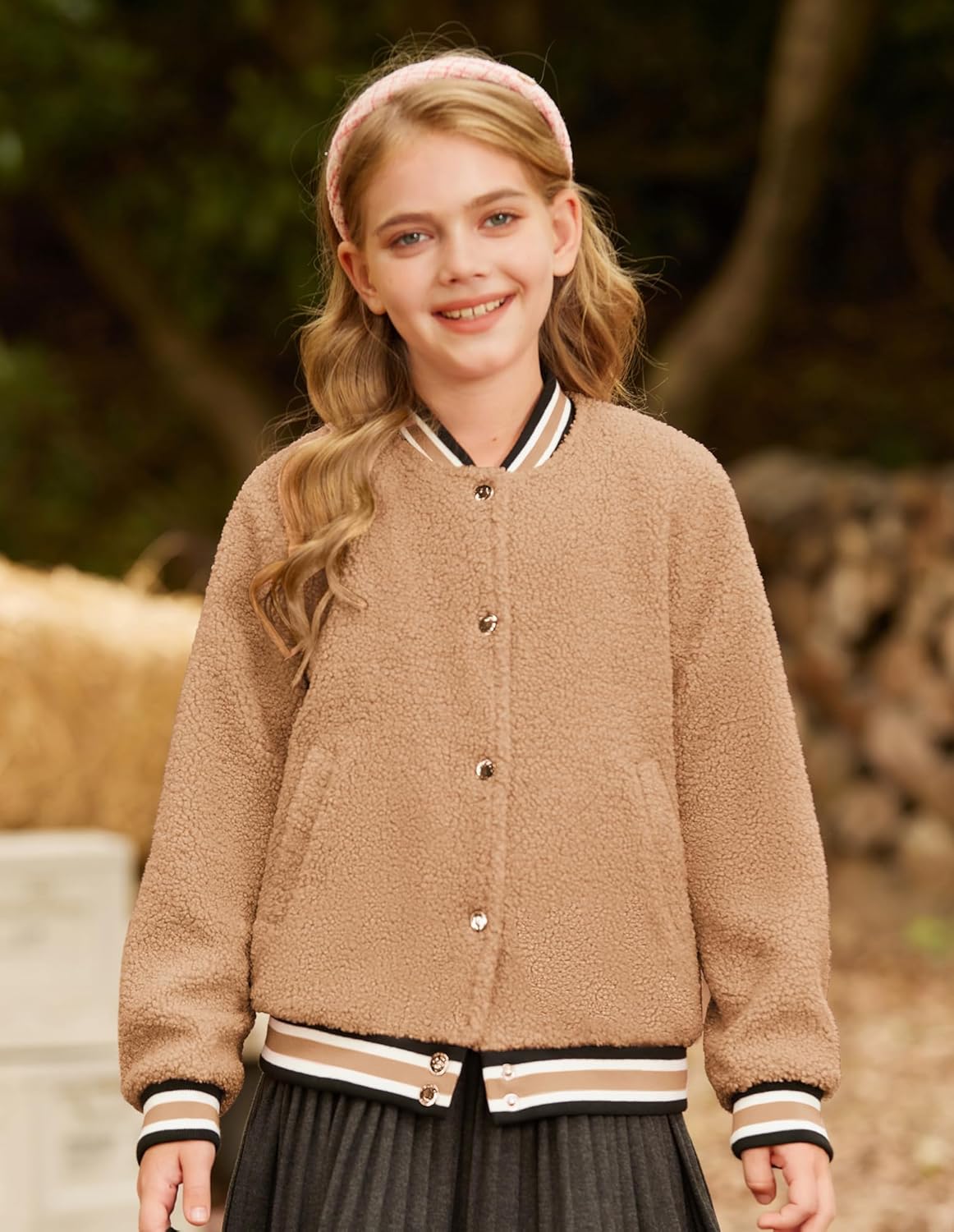 GRACE KARIN Girls Fleece Jacket Button Down Varsity Coat Fall Winter Baseball Outwear Clothes with Pocket for 7-14Y Camel 14 Years image 7 of 7 B0FFSSDZ6Y