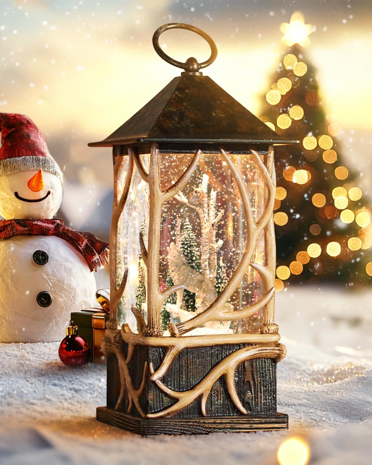 Christmas Snow Globe Lantern with Winter Forest Wolf Owl for Christmas Decorations, with Music and Lighting Features,USB or Battery Operated