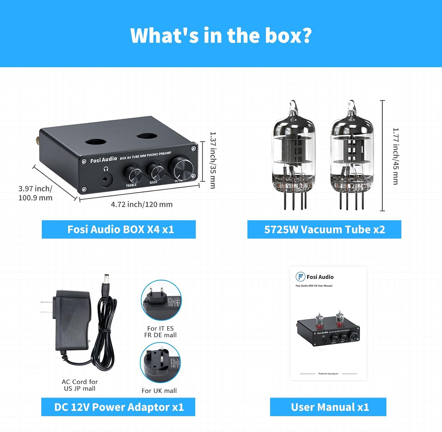 Diagram showing connection of Fosi Audio BOX X4 to a turntable, headphones, and speakers.