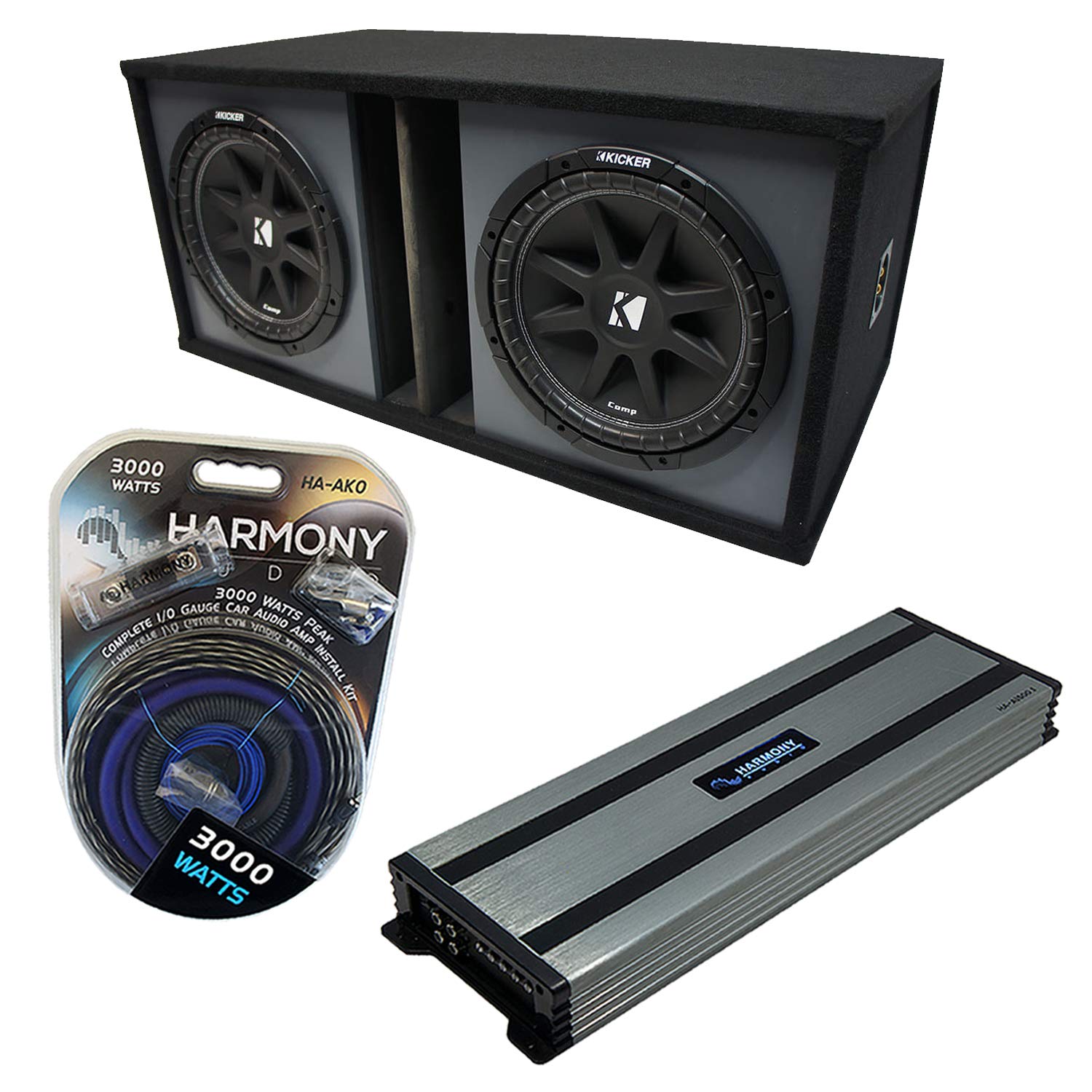 Harmony Audio HA-A1500.1 Universal Car Stereo Mono 3000W Subwoofer Amplifier, 43C154-N Trunk Comp C15 300W RMS 4 Ohm Car Sub and SOLORND2X15V Dual 15