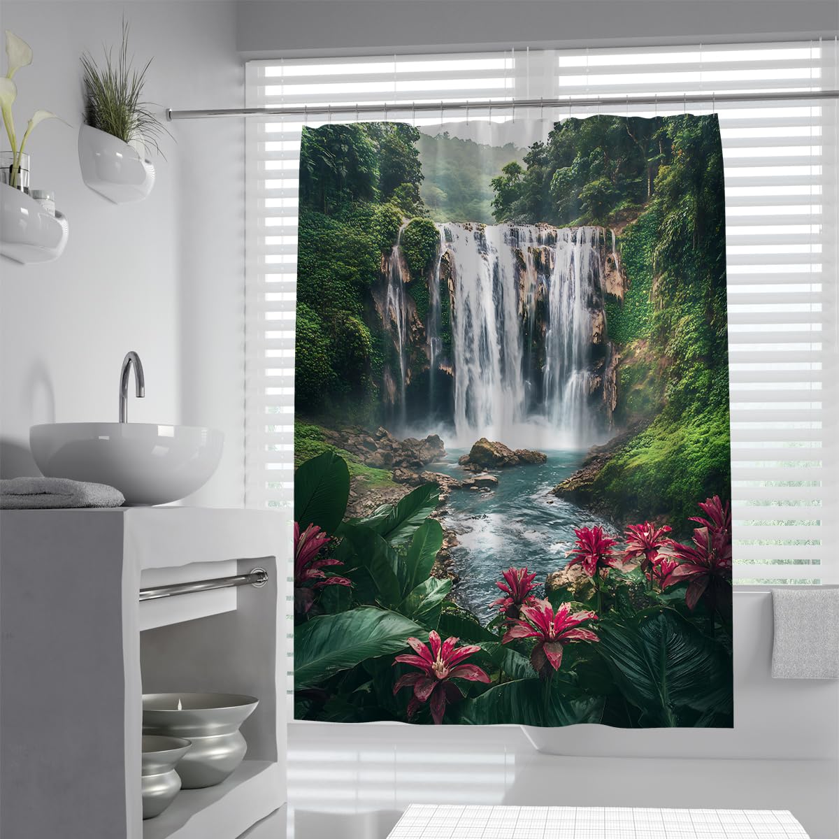 UIRINGART Tropical Waterfall Shower Curtains W180xL200cm Rainforest Jungle Cascade Stream Wild Exotic Flower Scenery Print Quick Drying Washable for Bathroom Wet Room Tub