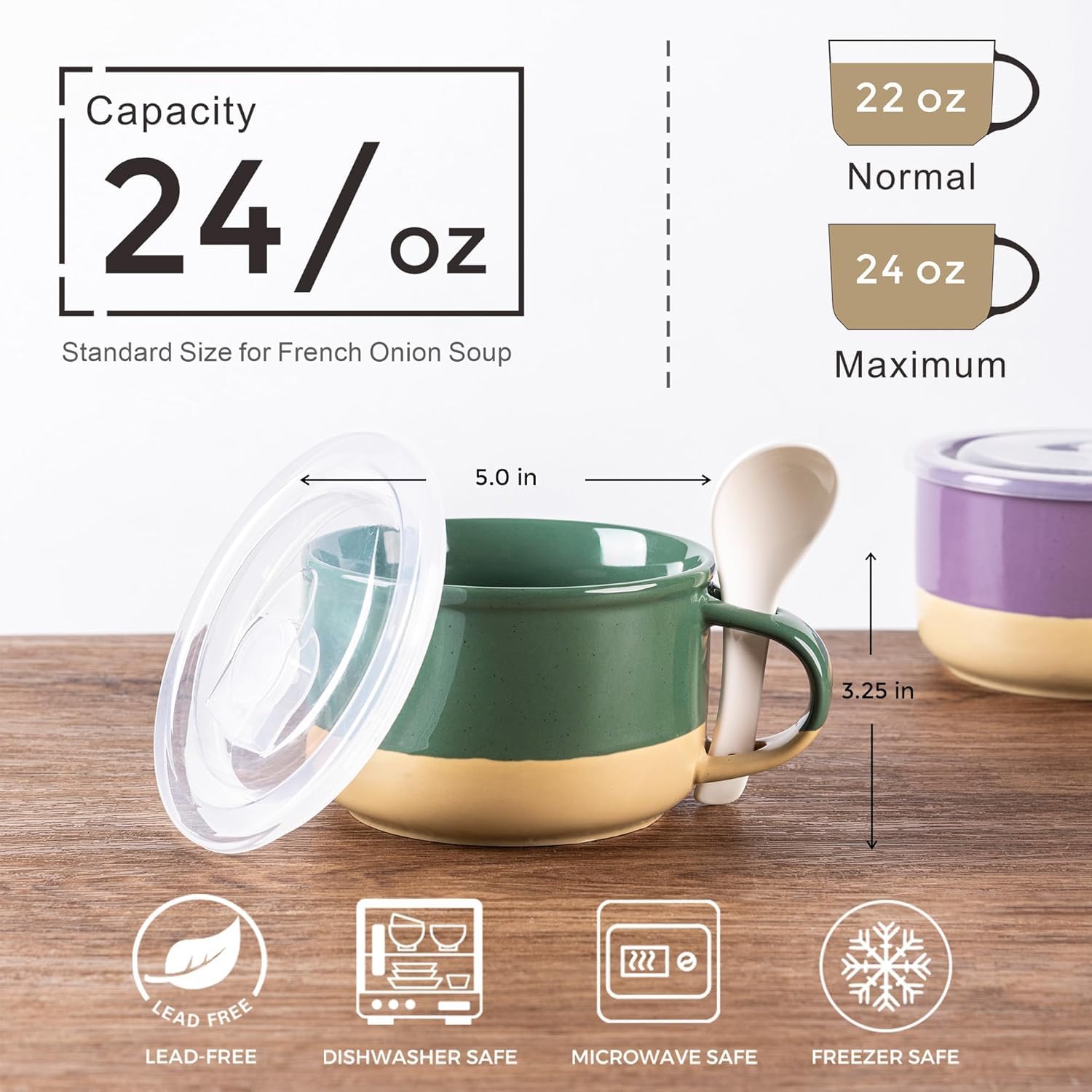 GBhome Set di 2 tazze da zuppa in ceramica, 700 ml, con manici e coperchio, fondo in terracotta e cucchiai per zuppa/cereali, insalata/pasta/ramen, adatti al microonde e alla lavastoviglie