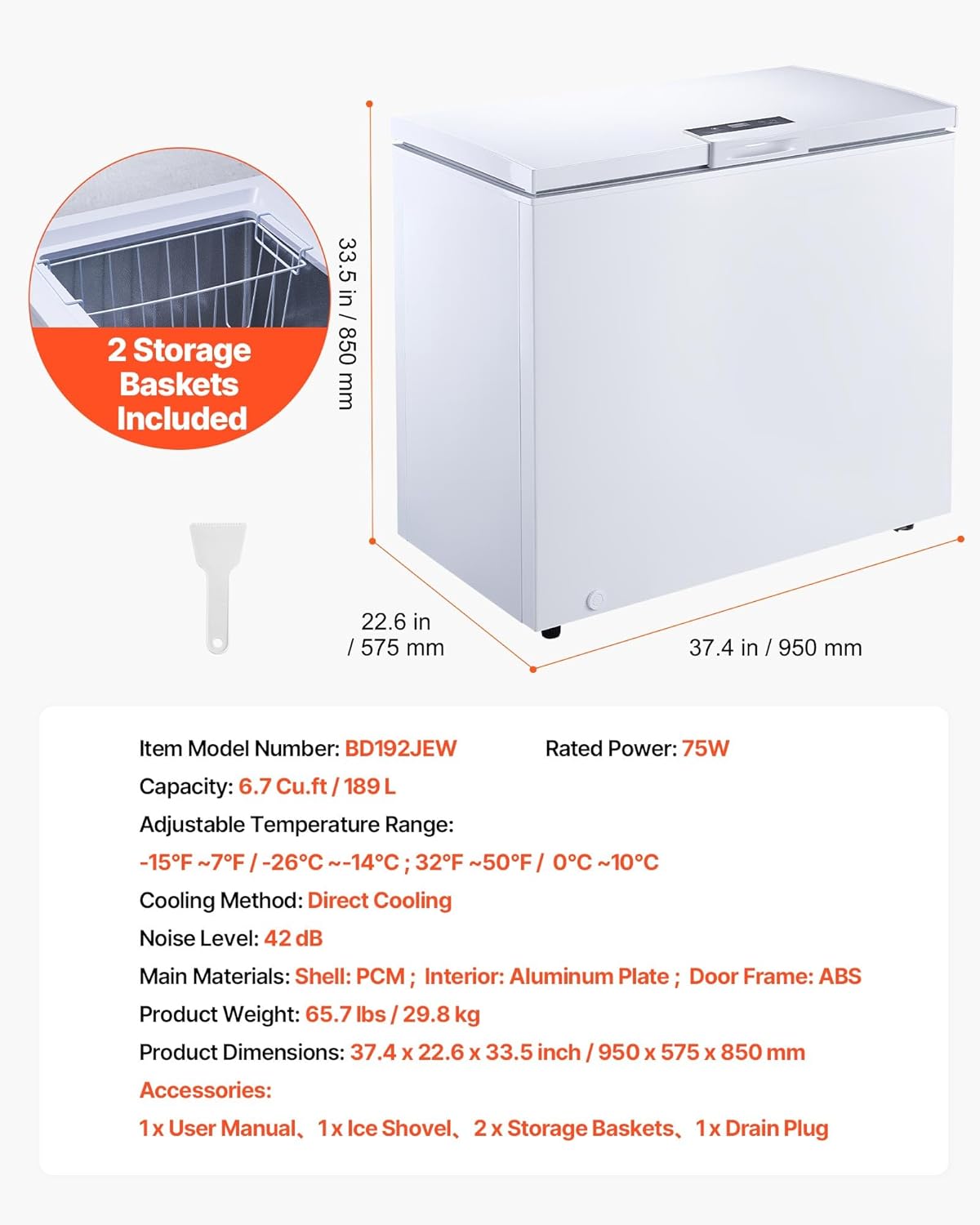VEVOR Chest Freezer, 6.7 Cu.ft Compact Deep Freezer, Free Standing Top Open Door Chest Freezers with 2 Removable Baskets & Adjustable Thermostat - Energy Saving, Low Noise & Garage Ready, White