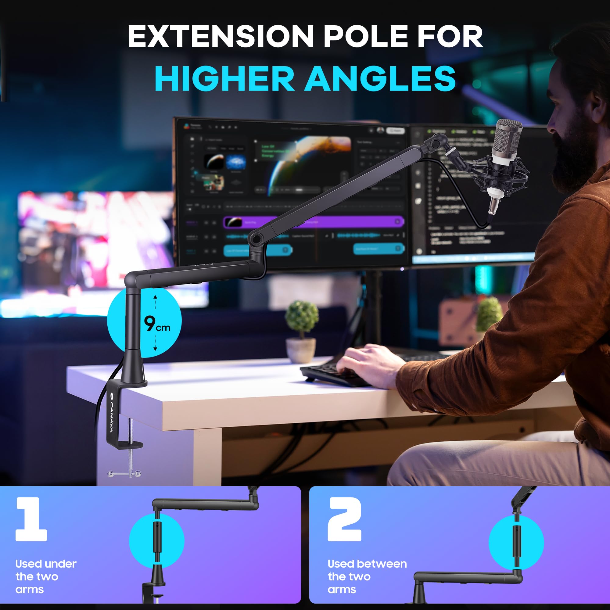 CAHAYA Bras de Micro Professionnel Réglable: Perche Micro Low Profile avec Extension, Design Sous-Écran, Idéal pour Streaming & Enregistrement, Charge 2,5 kg