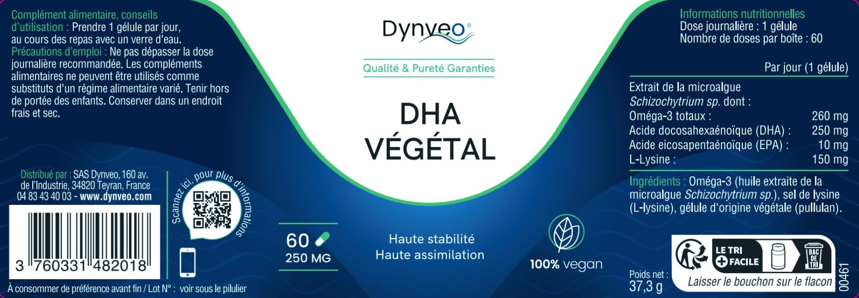DHA Végétal - Cerveau & Vision - Issu microalgue Schizochytrium - Biodisponibilité x5-250 mg/gélule - TOTOX <2 - Stabilisé avec de la Lysine - 100% Vegan - 60 gélules (2 Mois) - Dynveo