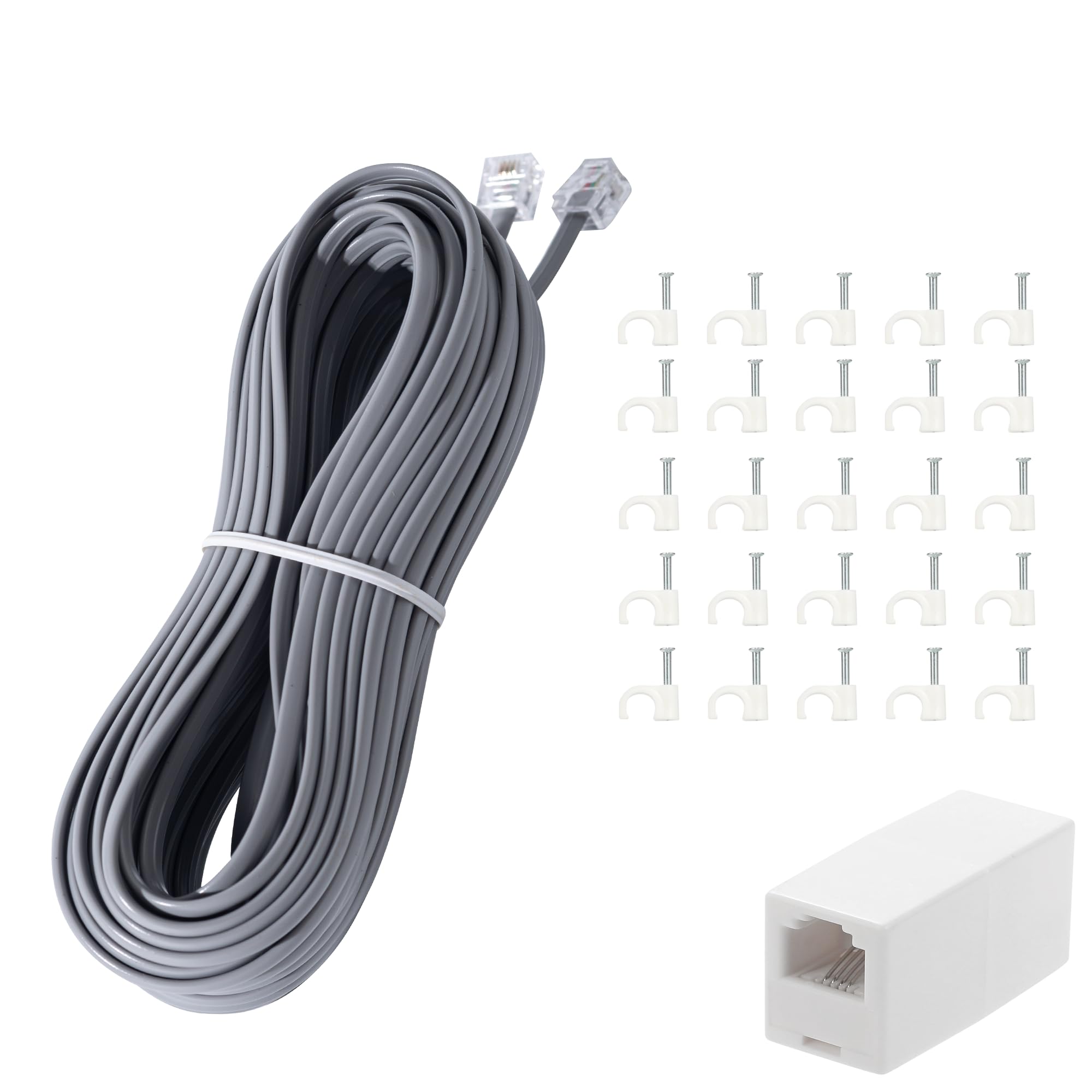 Telefon-Verlängerungskabel, 15 m lang, mit Standard-RJ11-Stecker und Telefon-Inline-Koppler, RJ11-Splitter und 25 Kabel-Clip-Halterungen, Grau