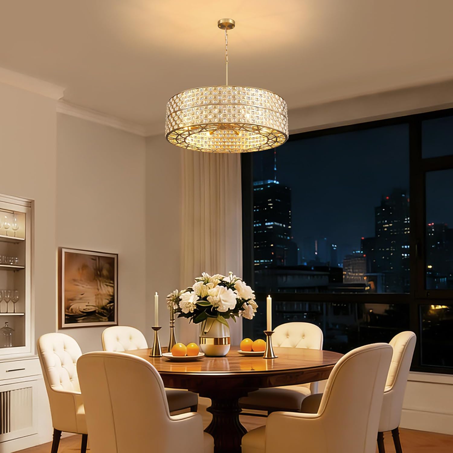 30inch Gold Crystal Chandelier, 2-Tier Round Drum Brass Chandeliers Modern Luxury, 8-Light Splicing Crystal Pendant Ceiling Light Fixture for Dining Living Room Foyer Kitchen Entryway