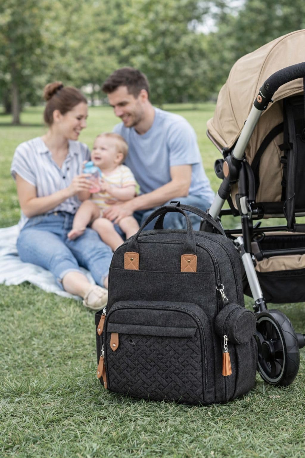Sac à langer bébé 18 poches grande capacité avec tapis à langer isotherme porte-sucette Noir