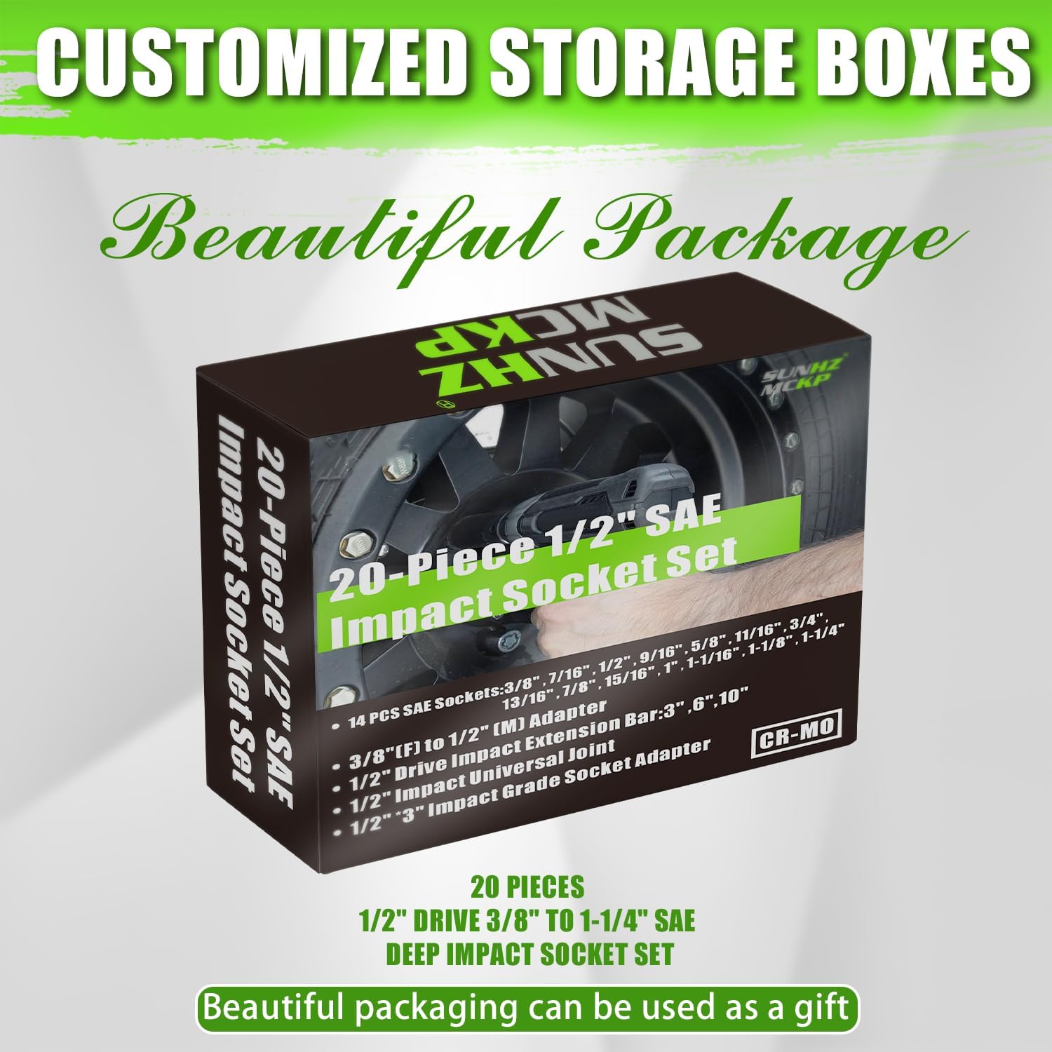 SUNHZMCKP 20 PCS 1/2" Impact Socket Set, Drive Deep 6 Point Socket Set, Including Standard SAE Sockets (3/8" to 1-1/4"), 3 ", 6", 10" Impact Extension Bar and Drill Socket Adapter, Cr-MO