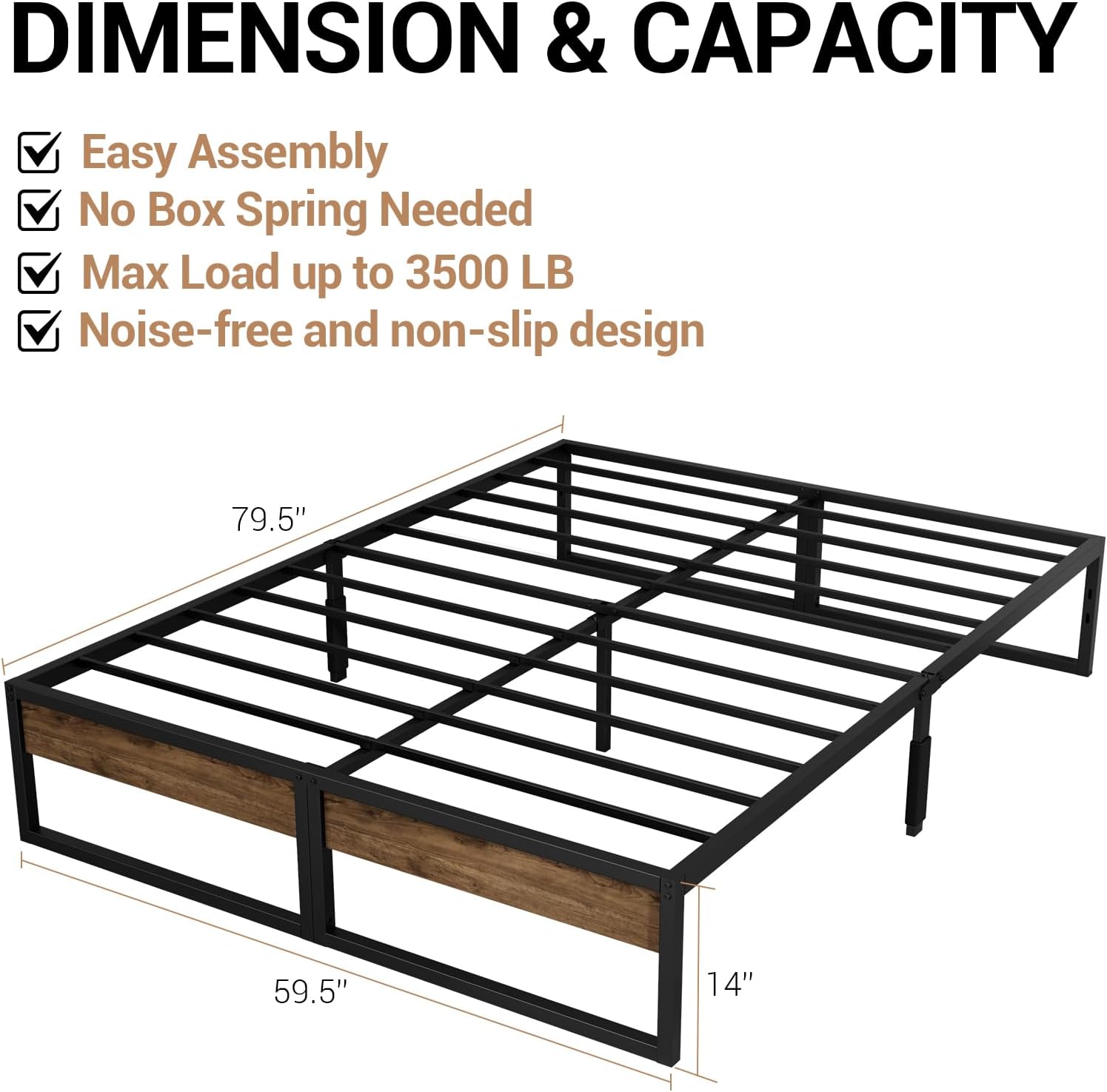 Queen Bed Frame 14'' Metal Platform with Rustic Wood, 2000 lbs Capacity, Metal Bed Frame No Box Spring Needed with Ample Storage Space - Easy Assembly and Noise Free - Image 3