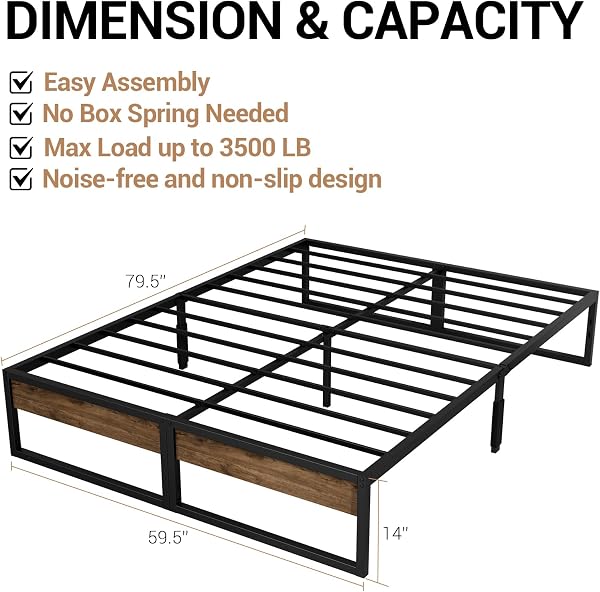 Mashomdec Queen Bed Frame, 14 Inch Queen Size Metal Platform Bed with Rustic Wood, 2000 lbs Capacity, Metal Bed Frame No Box Spring Needed with Underbed Storage Space - Easy Assembly and Noise Free in use