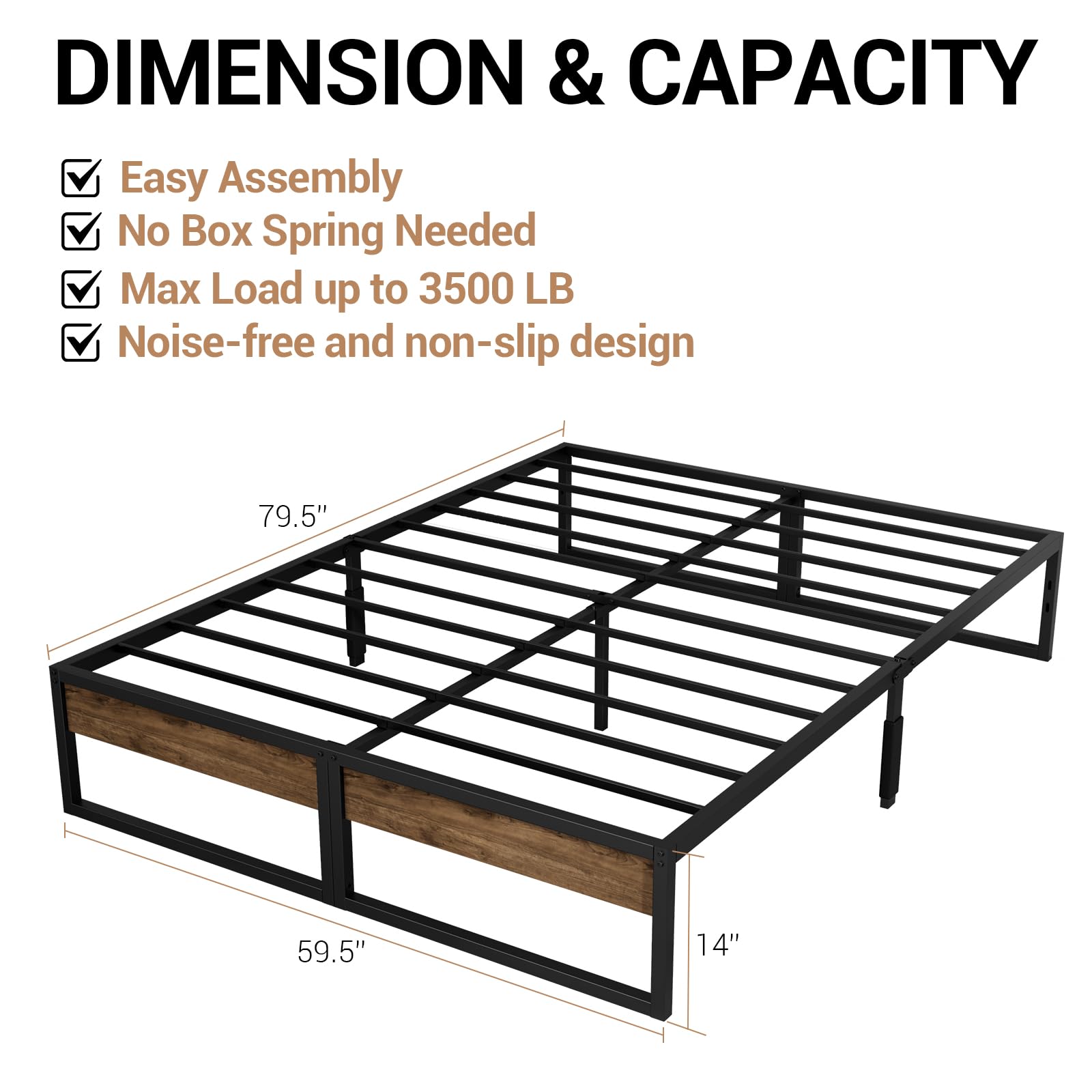 Mashomdec Queen Bed Frame, 14 Inch Queen Size Metal Platform Bed with Rustic Wood, 2000 lbs Capacity, Metal Bed Frame No Box Spring Needed with Underbed Storage Space - Easy Assembly and Noise Free in use