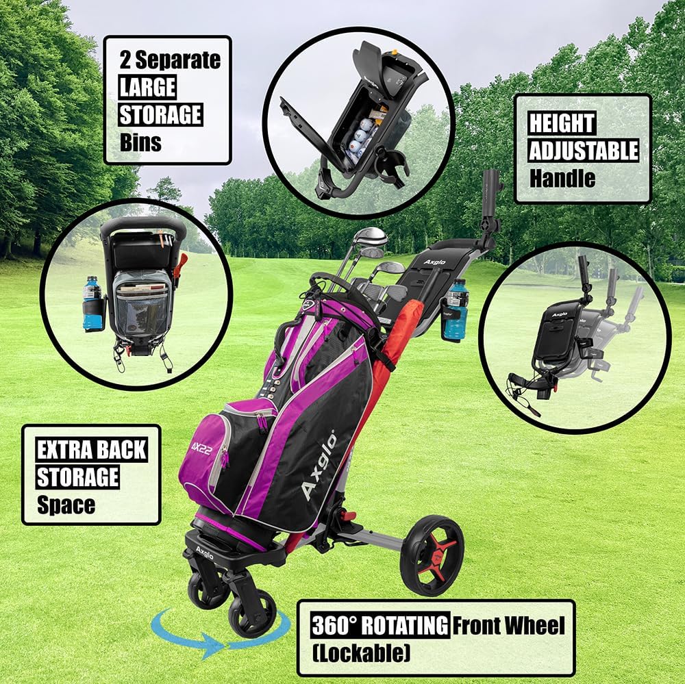 Flip n' Go Pro - Golf Push Cart - Golf Trolley - 4 Wheels - Swivel Front Wheels - Hand Brake - Lightweight