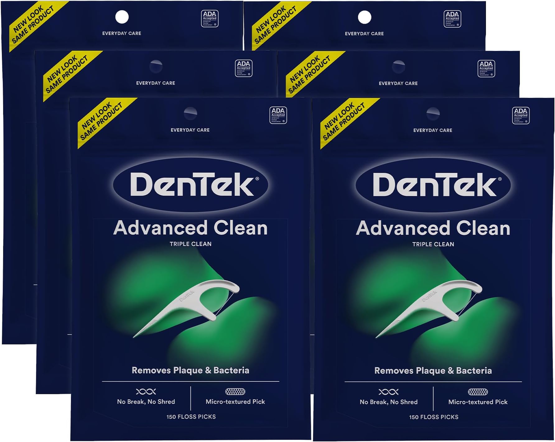 DenTek Advanced Clean Floss Picks with No Break & No Shred Dental Floss, Plaque Remover, 150 Count, Pack of 6