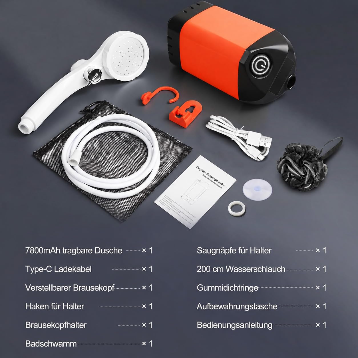 B013 Douche de camping portable avec batterie 7800 mAh, USB-C, pommeau de douche à 3 niveaux et pompe silencieuse – Étanche avec affichage de la température LED pour Vanlife, voyage en plein air