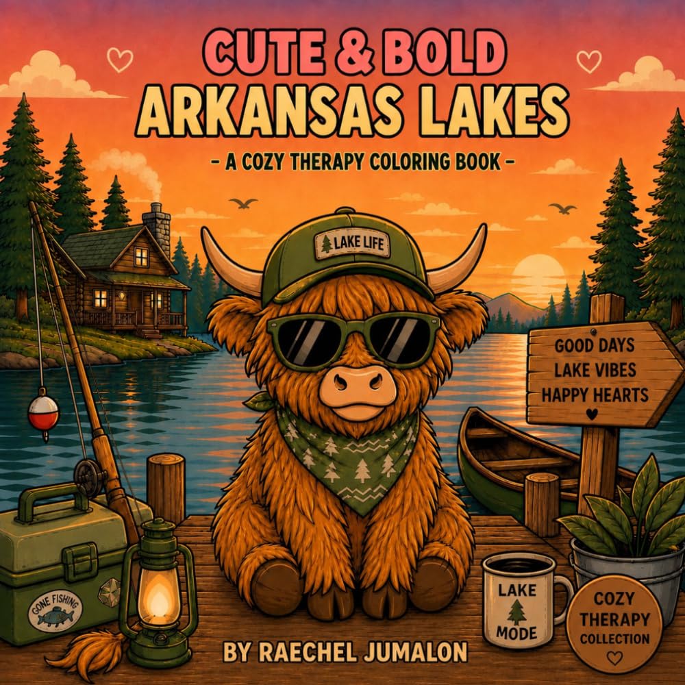 Cute & Bold Arkansas Lakes: A cozy therapy coloring book with Highland Cows, Lake Life, Camping, Fishing, Cabins, Canoes, and Relaxing Nature Scenes (Cozy Therapy Collection)