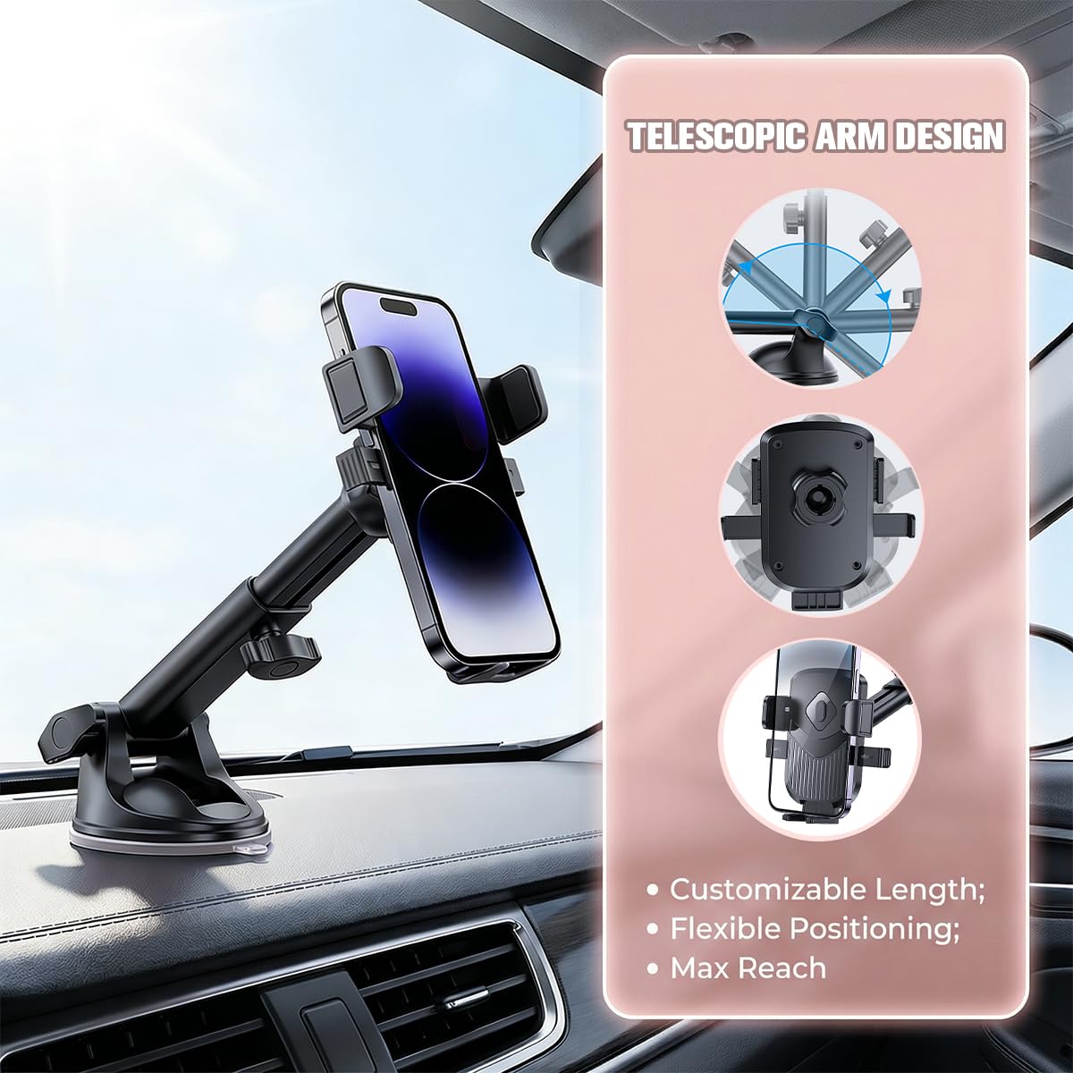 Kfz-Handyhalterung, Freisprecheinrichtung, starker Saugnapf, Windschutzscheiben-Handyhalterung mit Lüftungsschlitz-Haken, Auto-Innenraum, Armaturenbrett, Smartphone-Halterung, universell für