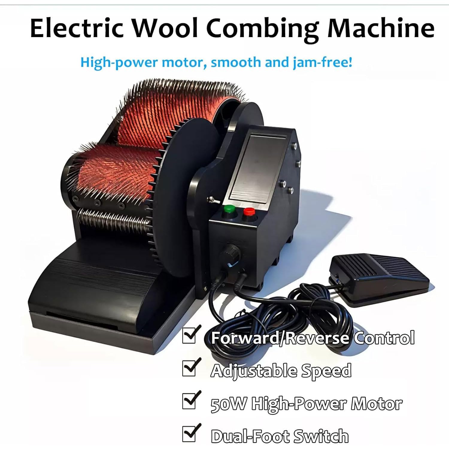 Wolltrommel Carder Fiber Machine, elektrische Wollkardiermaschine mit Fußpedal, einstellbare Vorwärts- und Rückwärtsgeschwindigkeit, ideal zum Filzen und Weben