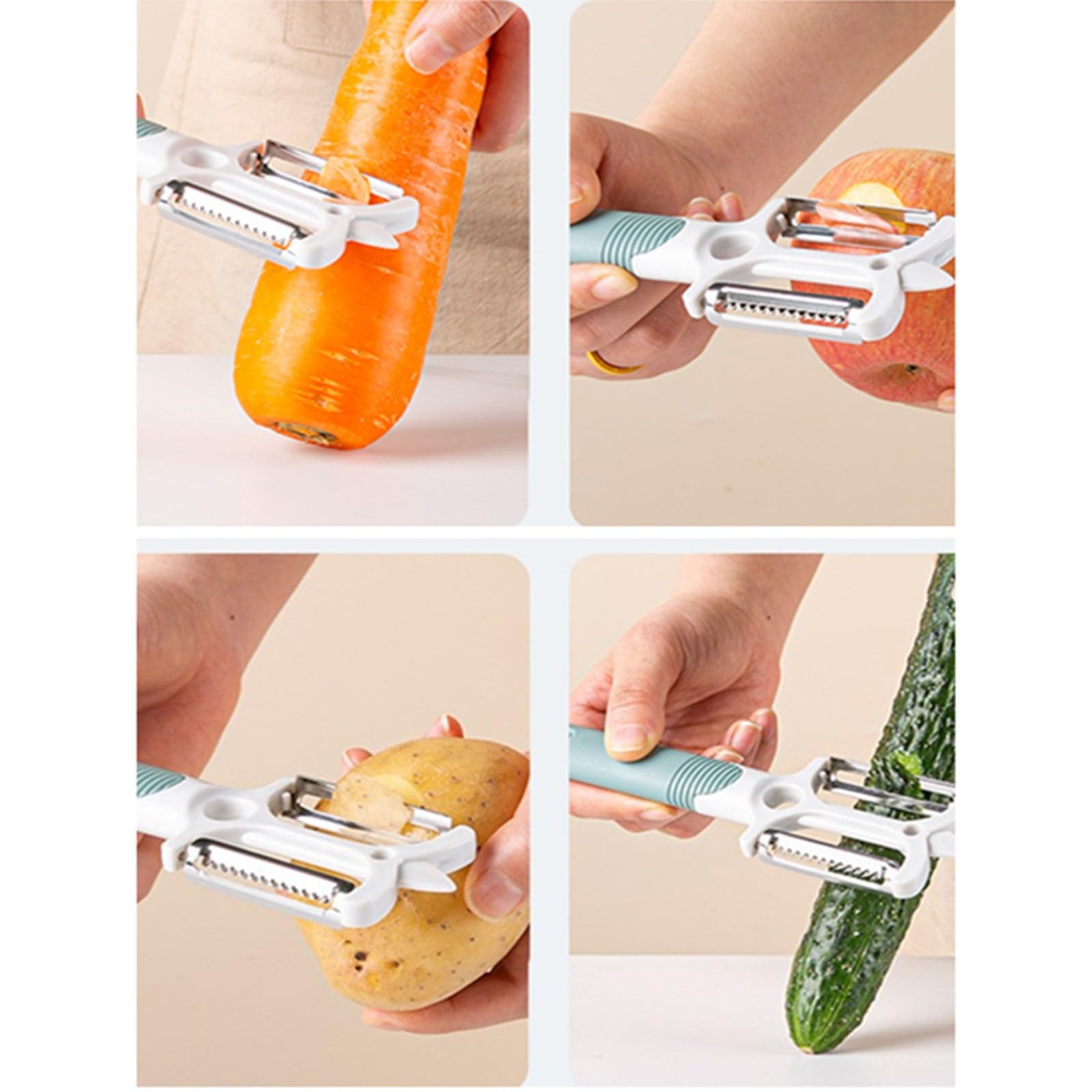 Pelador multifuncional de frutas y verduras 2 en 1, conveniente cortador, adecuado para varias frutas y verduras como papas, pepinos, zanahorias, manzanas y queso (verde) 5