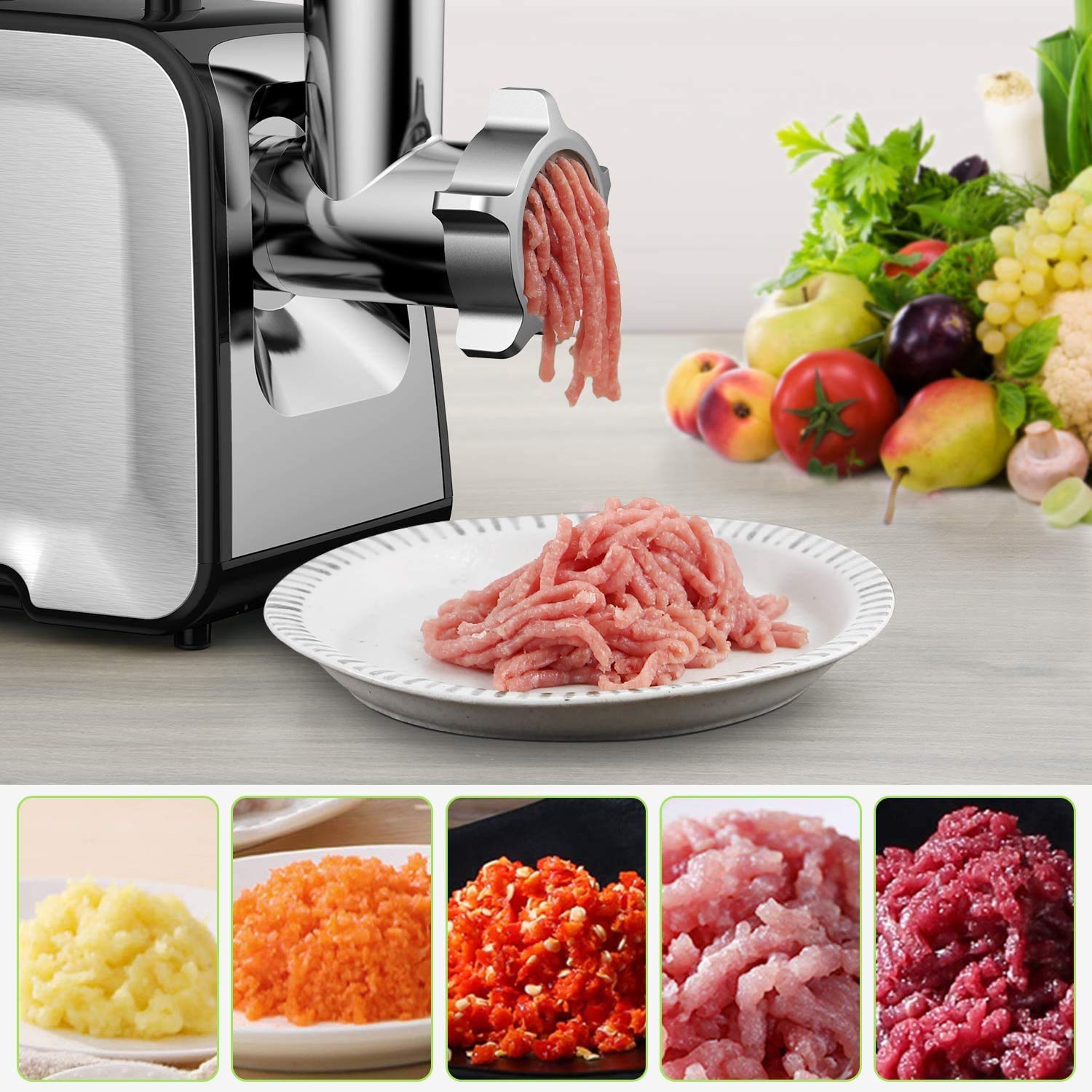 COOCHEER Picadora de Carne Eléctrica 3 en 1 con Embutidora -2000W, Negro | Máquina picadora multifunción con 3 discos en formato per biscotti. Ideal para hacer salchichas y uso doméstico