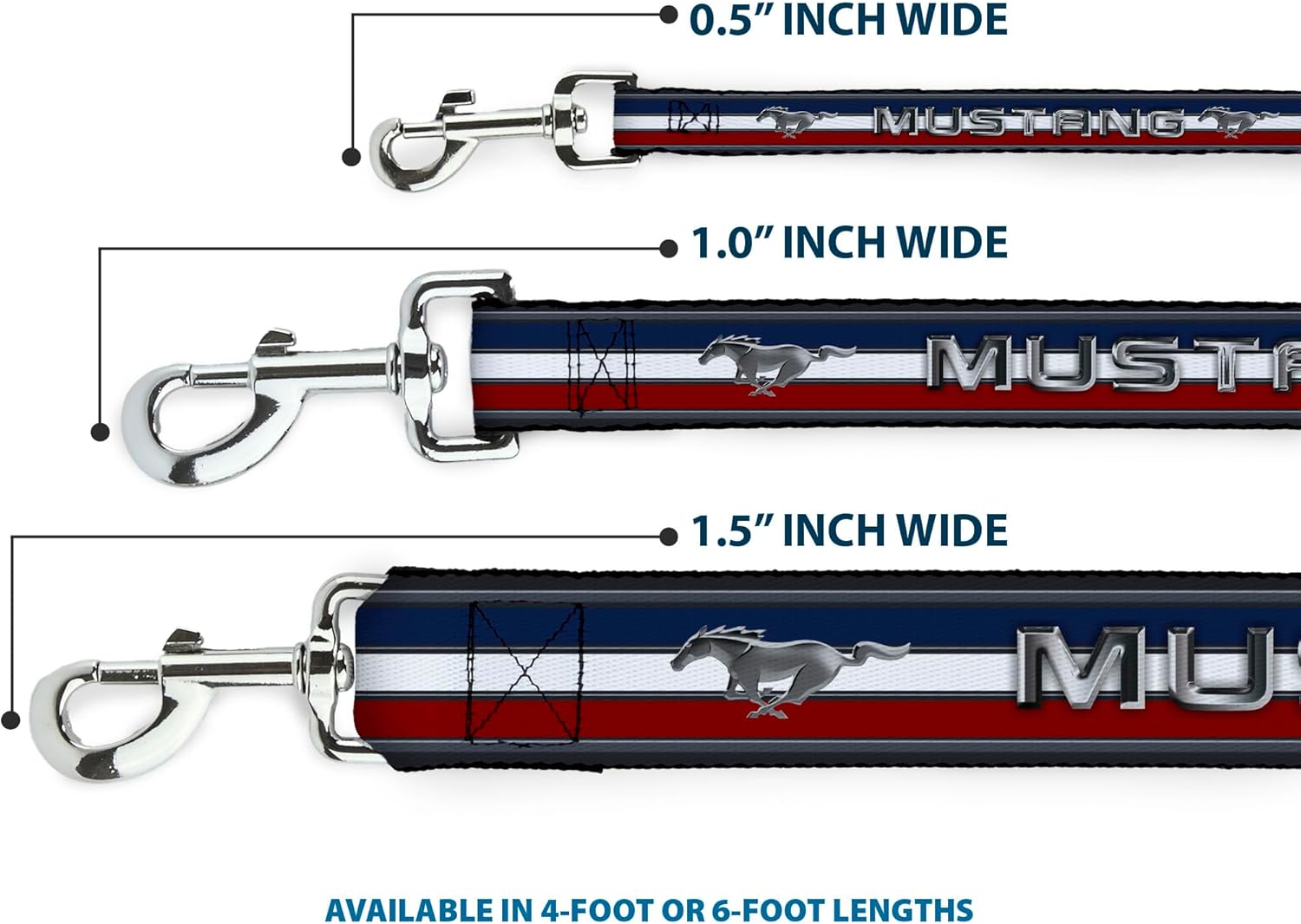 Buckle-Down Pet Leash - Mustang/Text w/Tri-Bar Stripe - 4 Feet Long - 1.5" Wide