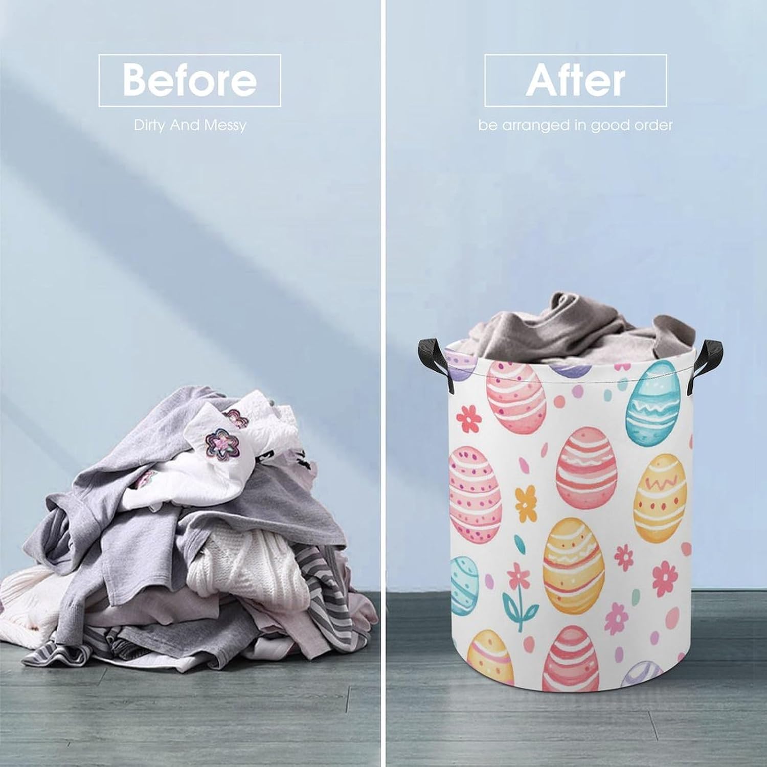 Easter Eggs Colorful Stripes Dots Laundry Hamper Basket for Home Bathroom | clothes storage,handle,large capacity,oxford