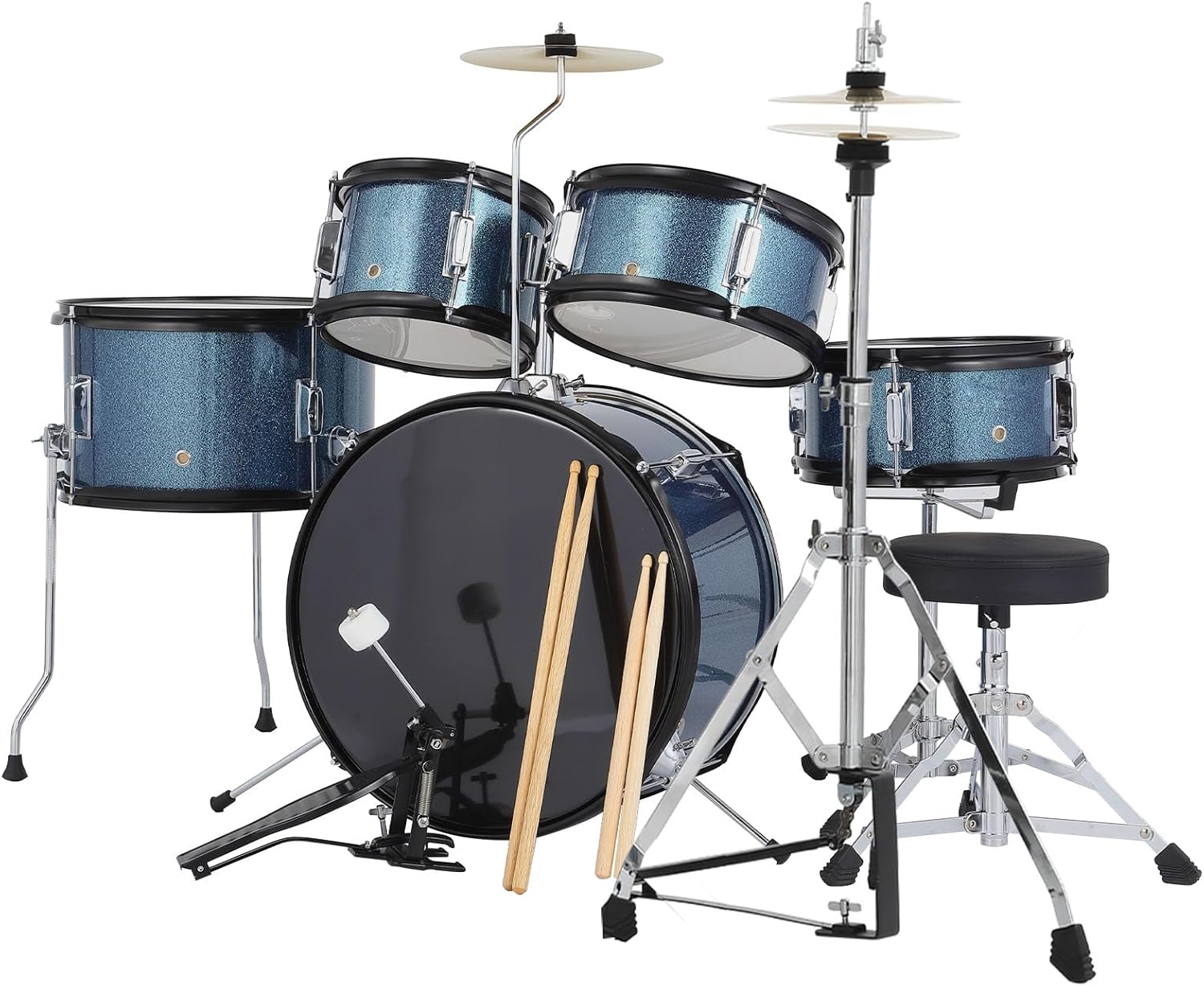5-Piece Junior Drum Set, A Complete Kit for Kids with Bass Drum, Tom-Tom, Snare, Cymbals, Hi-Tone Drum, Sticks, Base Pedal and Stool, Beginner Set, Perfect Musical Gift for Boys & Girls, Blue