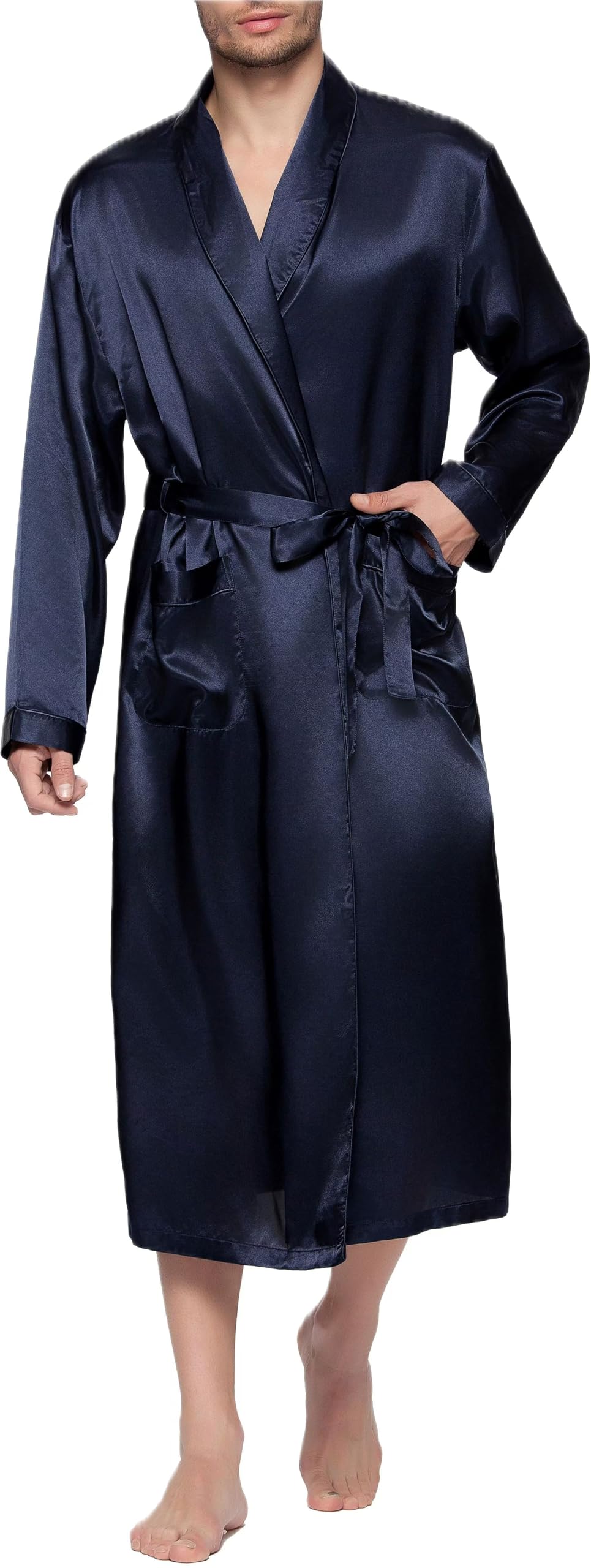 3nh Mens Silky Satin Lounge Robe, Long Lightweight Sleepwear (2XL, Navy)