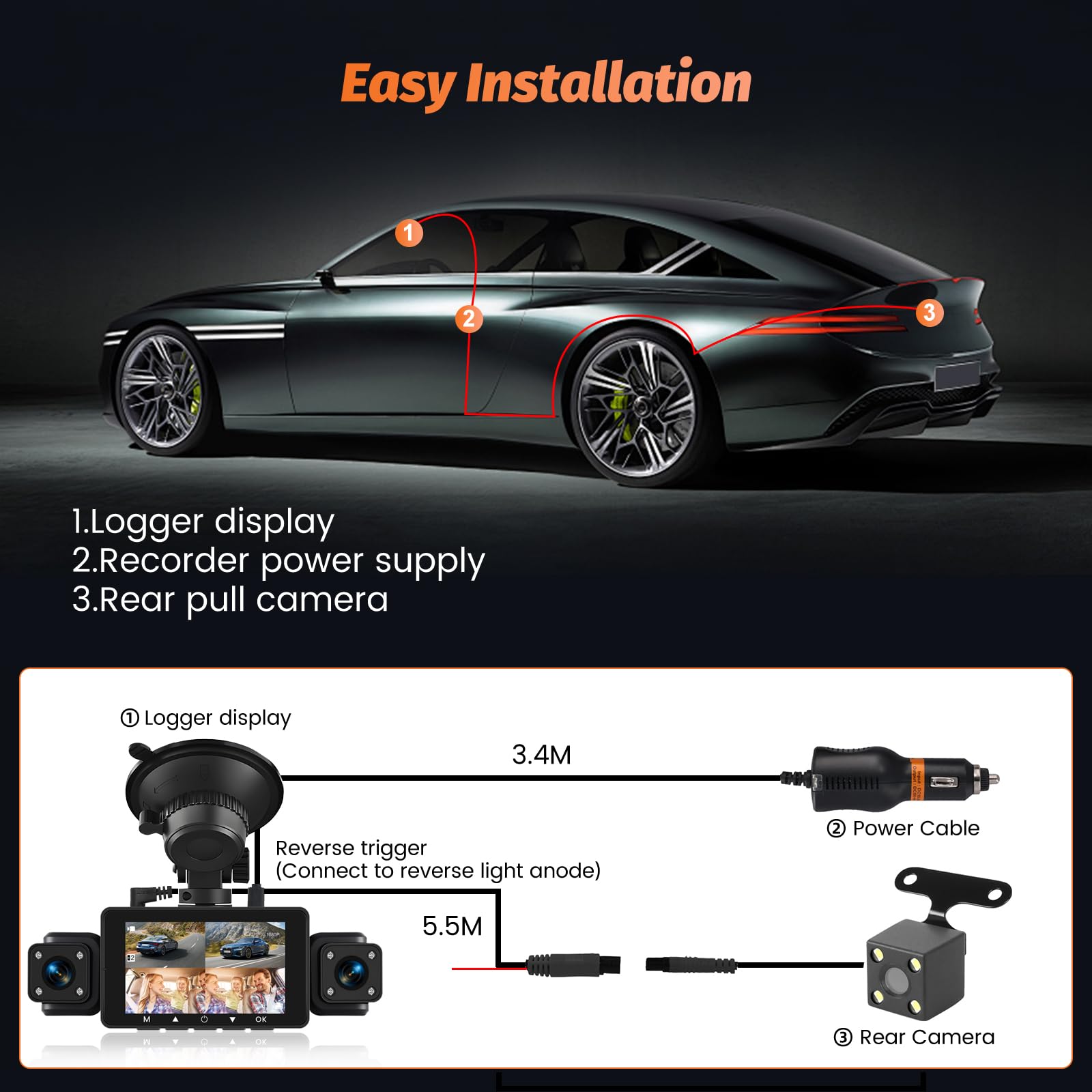 Roinvou 4K+1080P Dash CAM Coche, 5GHz WiFi Dashcam con Tarjeta SD 64GB, Camara Vigilancia Coche con 3″ IPS Pantalla, 170° Gran Angular, Grabación en Bucle, Sensor G,Visión Nocturna