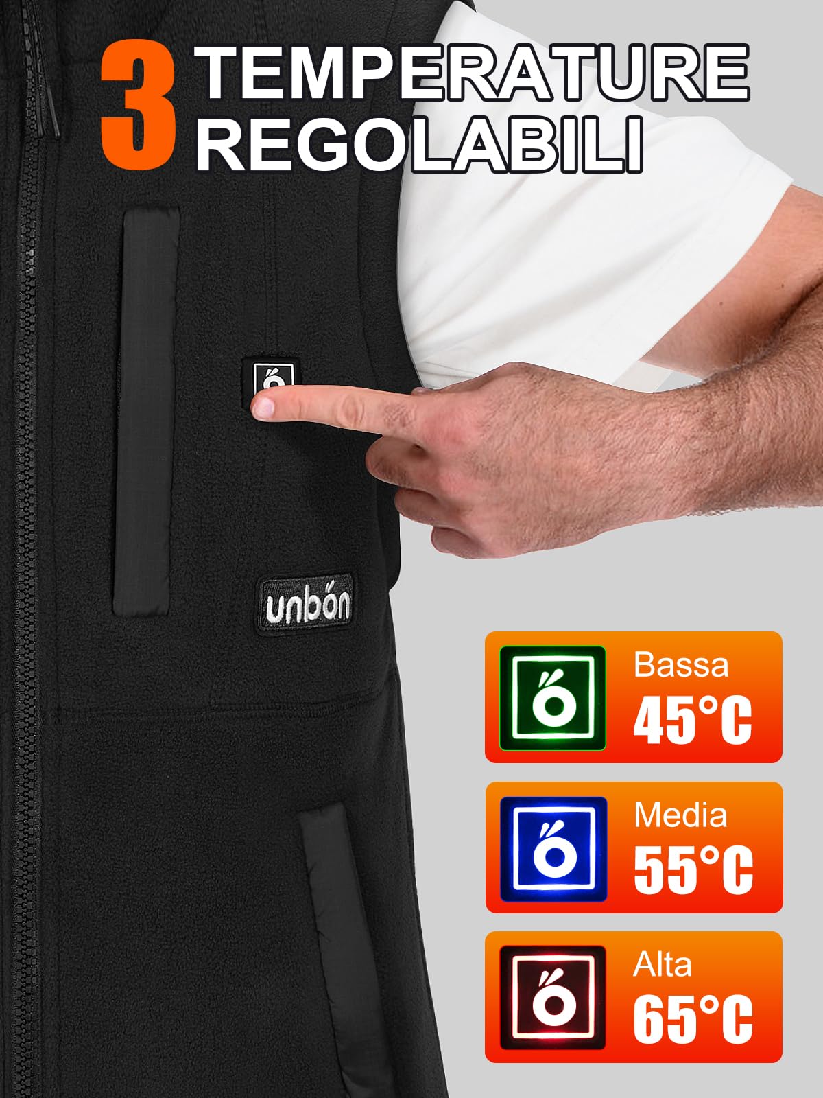UNBON Gilet Riscaldato Uomo con Batteria USB 10000mAh, Giubbotto Riscaldato Uomo con 3 Temperatura 6 Zone di Calore, Gilet Riscaldante Elettrico Pile, Giacca Riscaldata Uomo per Moto Caccia