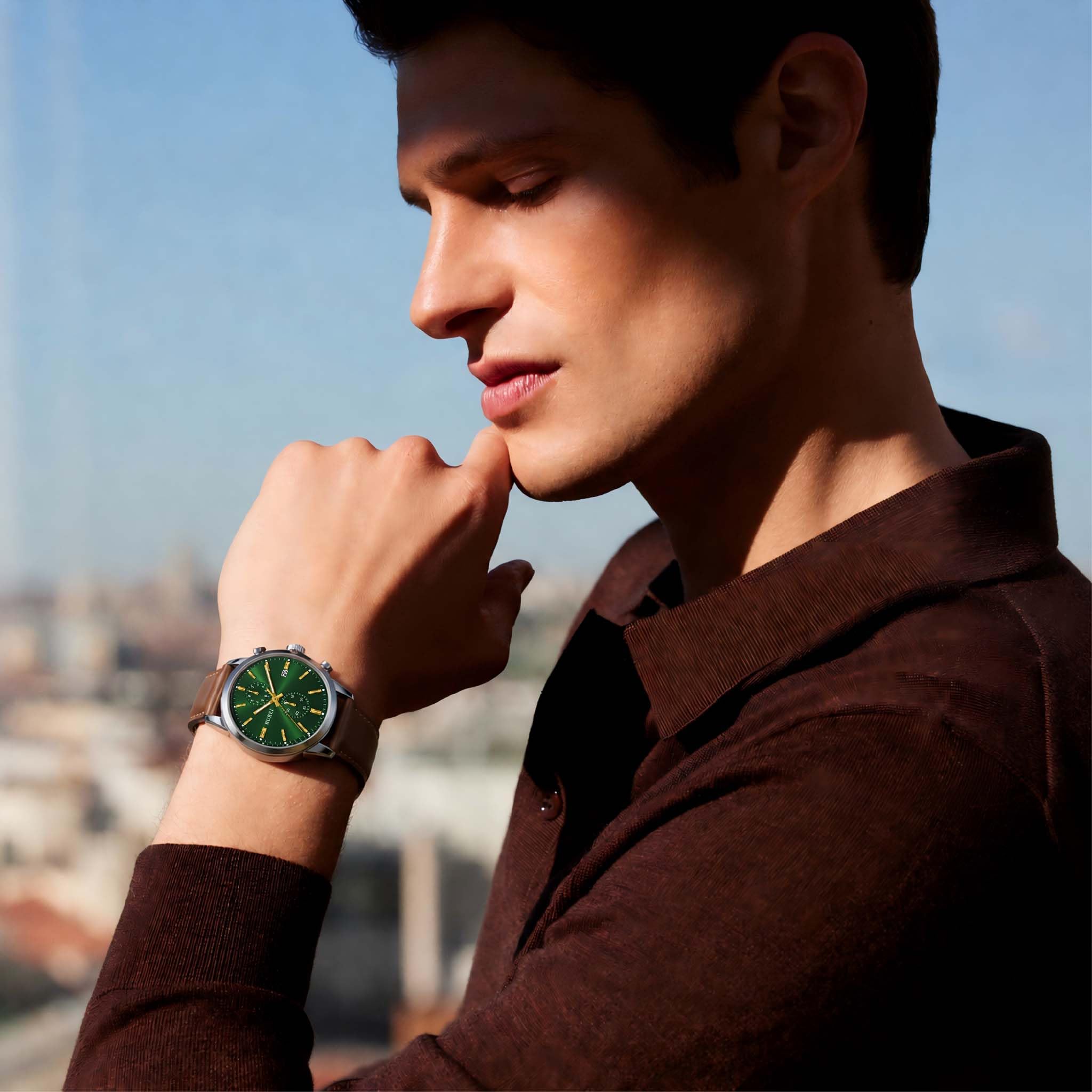 BUREI Orologio da polso da uomo in pelle, cronografo, al quarzo, classico, leggero, regalo per papà, marito, fidanzato