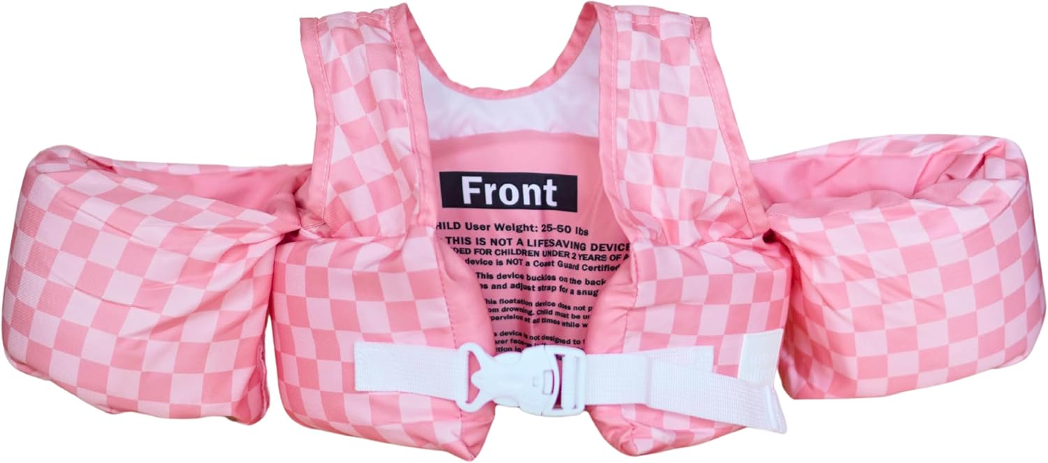 Ava + Oliver Toddler Swim Vest - Toddler Floaties Jacket & Water Wings for Boys & Girls - Durable & Adjustable Fit - Secure & Comfortable Kids Puddle Jumper for Pools (Pink Check)