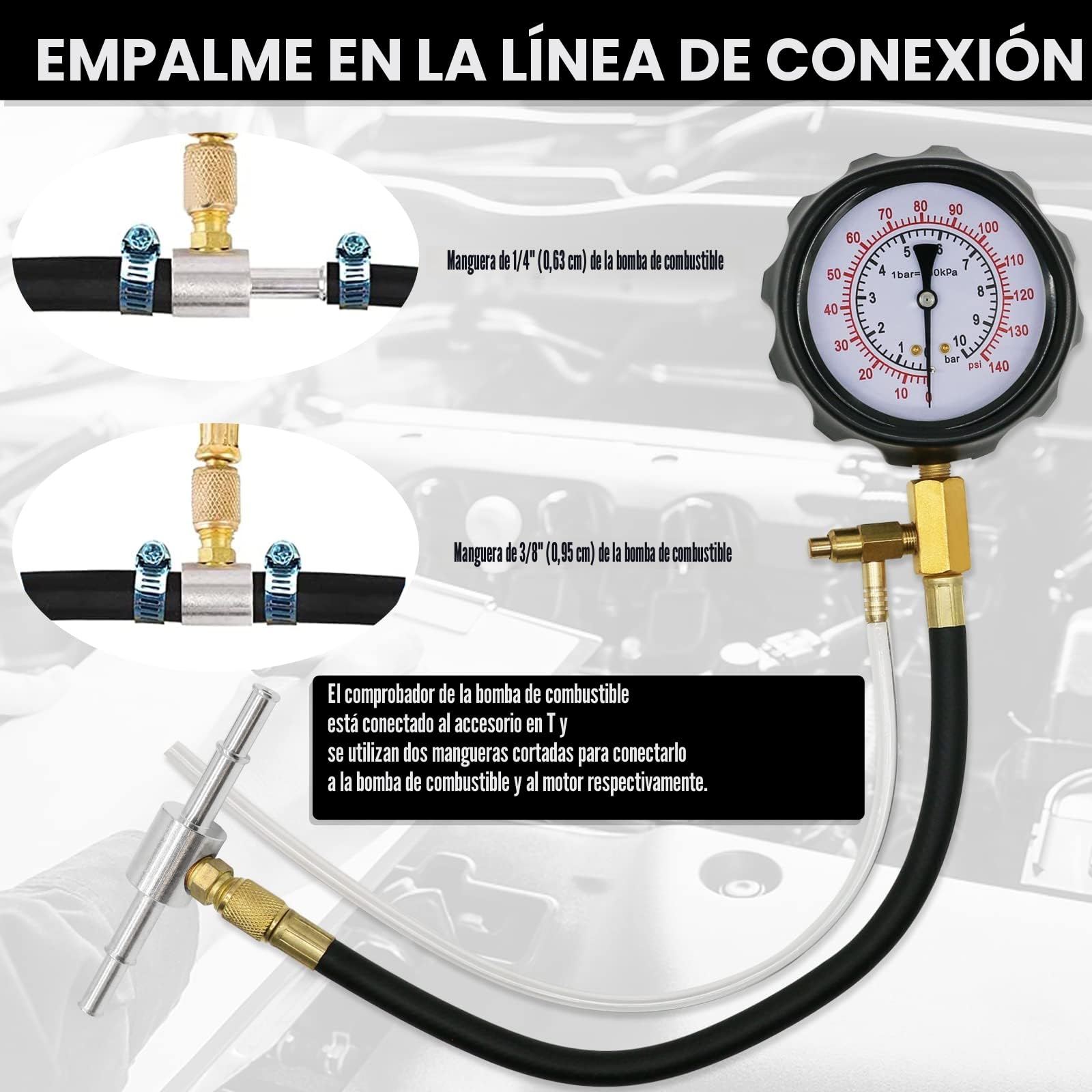 Comprobador De Presión De Bomba De Combustible Diesel Y Gasolina 0-140 PSI,Kit de Medidor de Presión de Inyección de Combustible del Motor