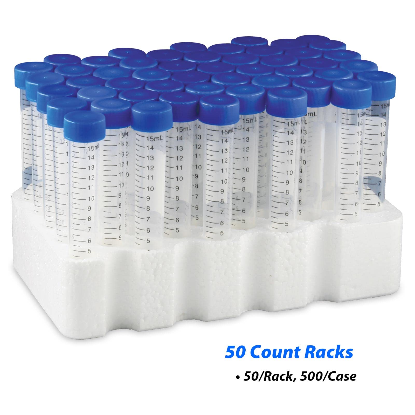 Globe Scientific 15mL Centrifuge Tube with Attached Blue Flat Top Screw Cap, 6286, Polypropylene, Sterile, Printed Graduation, Racked, 50/Rack, 500/CS