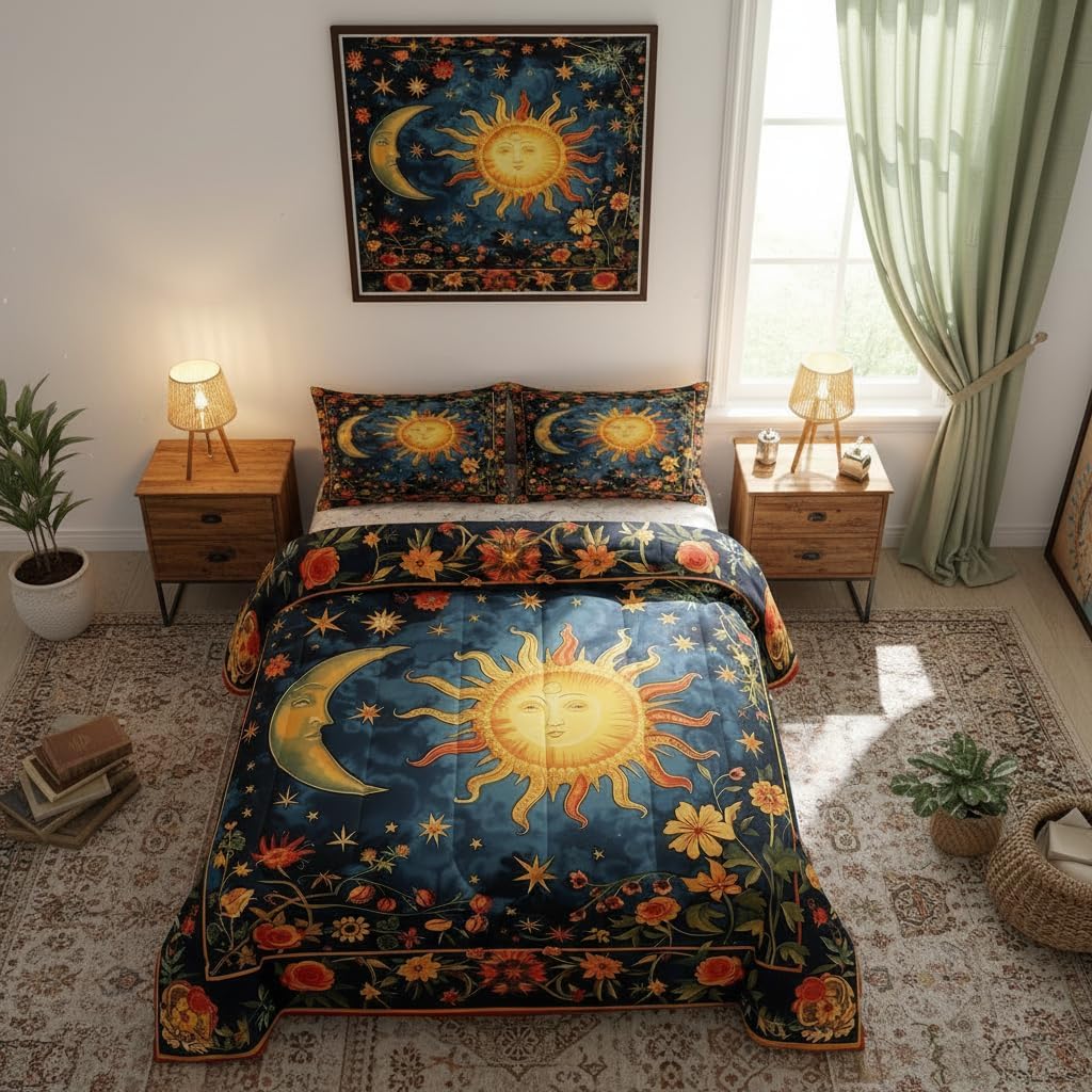 Castle Fairy Boho Sun Moon Comforter Set Exotic Style Bedding Set Rustic Style Flowers Bedding Home Decor Navy Orange Comforter King Size 3 Pieces Quilted Duvet Set 1 Comforter with 2 Pillowcase