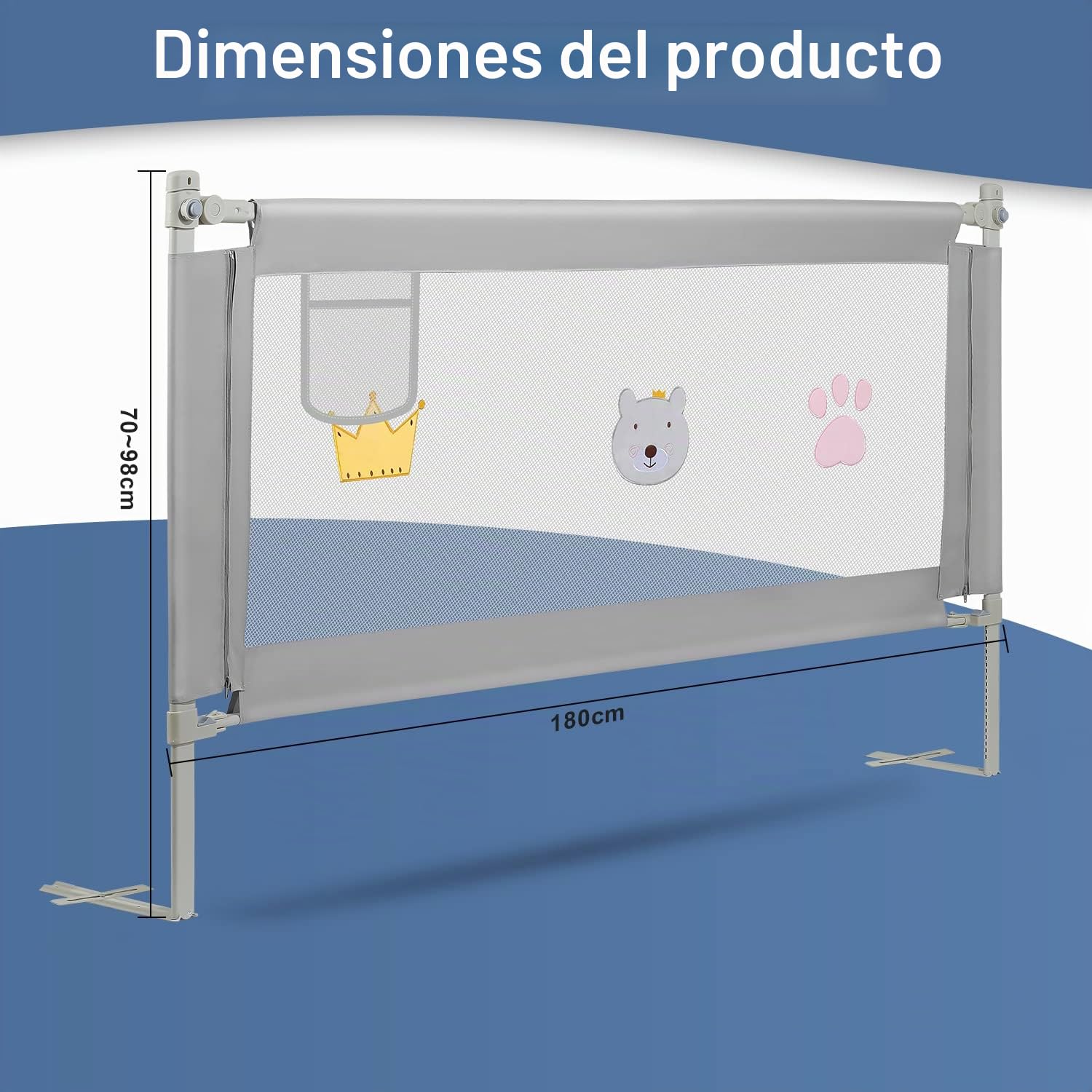Ikodm Barrera para cama de 2 x 200 cm y 1 x 150 cm, barrera de protección para la cama ajustable de 70 – 98 cm, protección contra caídas, barrera para cama infantil, barrera para cuna de bebé, fácil