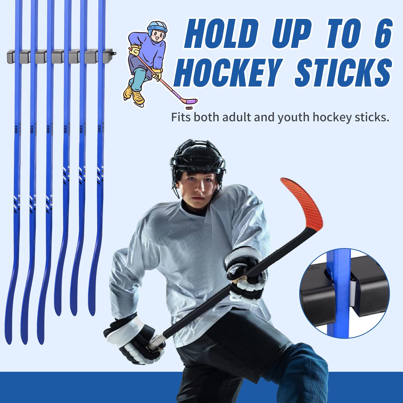 BOOSTEADY Porta Bastoni da Hockey da Parete, Supporto per 6 Bastoni, Organizzatore a Risparmio Spaziale