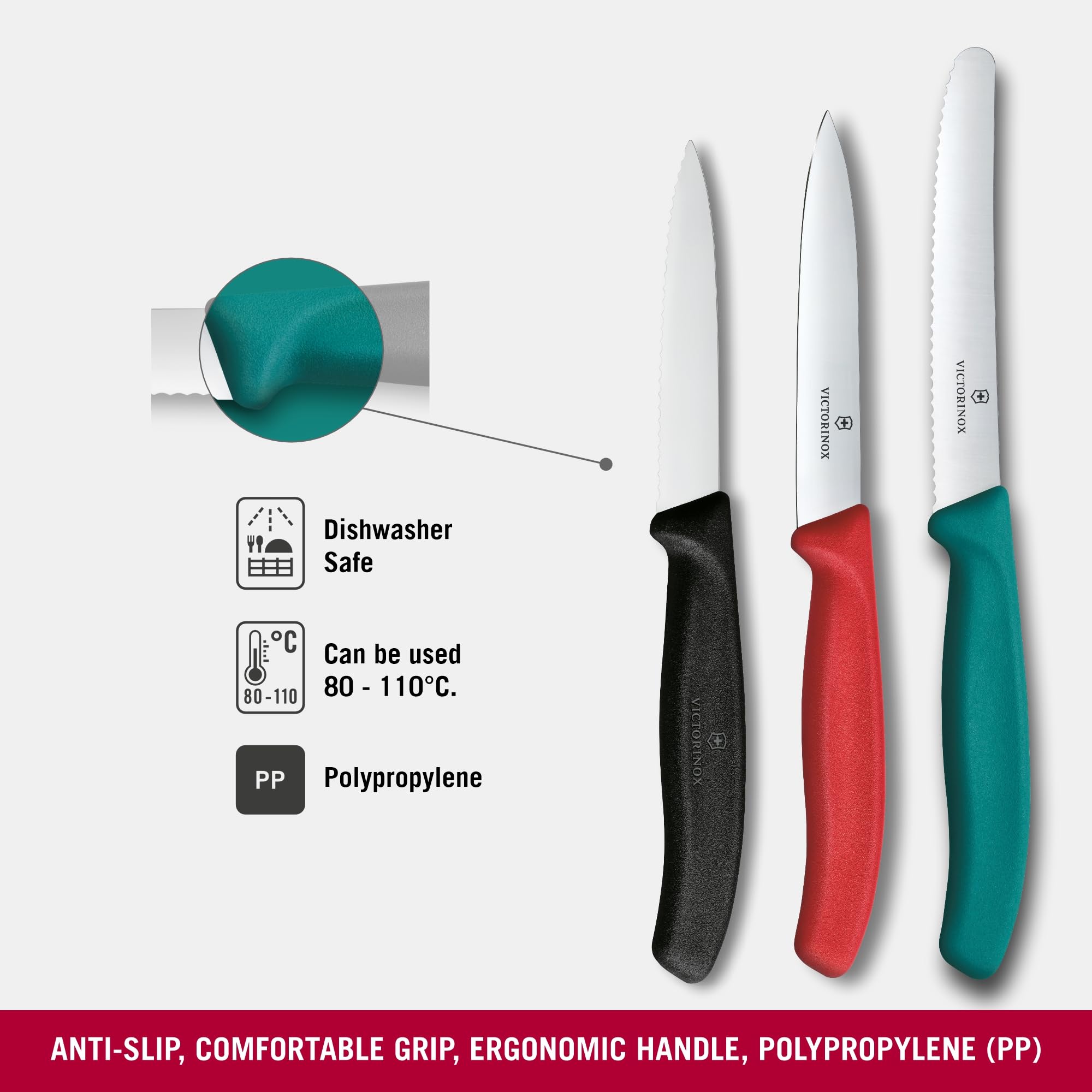 Victorinox Swiss Classic Gemüsemesser, Tomatenmesser und Frühstücksmesser Set, 3-teilig, Extra Scharf, Farbig