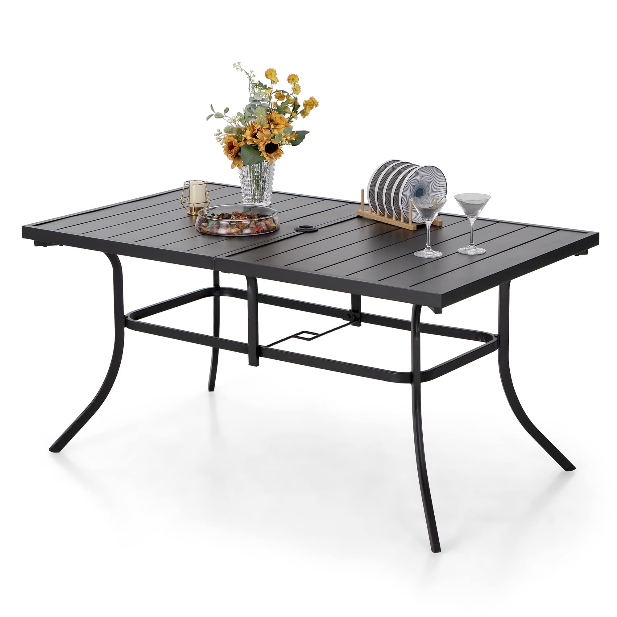 PHI VILLA Gartentisch für 6 Personen Terrasse Metalltisch mit Schirmloch | Wetterfester Stahlrahmen mit E-Beschichtung, 4-5 cm Schirmloch, Terrassentisch Für 6 Personen