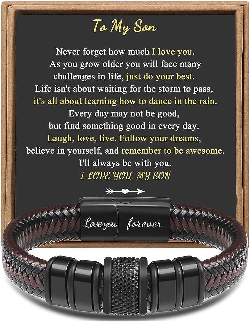 𝐆𝐢𝐟𝐭 𝐟𝐨𝐫 𝐌𝐞𝐧 Braided 𝐋𝐞𝐚𝐭𝐡𝐞𝐫 𝐁𝐫𝐚𝐜𝐞𝐥𝐞𝐭 for Men Dad Husband Boyfriend Son Grandson Brother Stainless Steel Clasp Engraved with Love You Forever Jewelry Birthday Gift 7.5 8.5 9 Inch