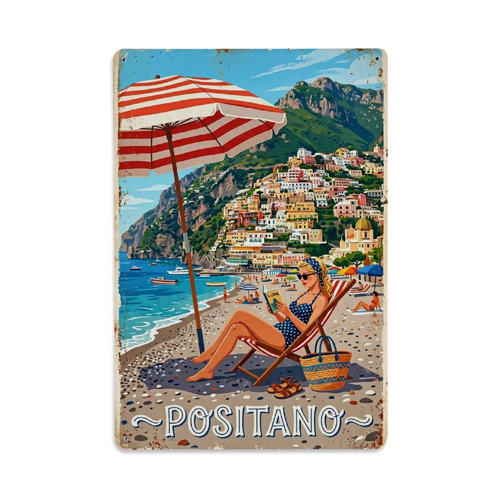 Huiyhb 8X12inch(20X30cm) Vintage Travel Positano Italy Striped Parasol Holiday Metal Tin Sign
